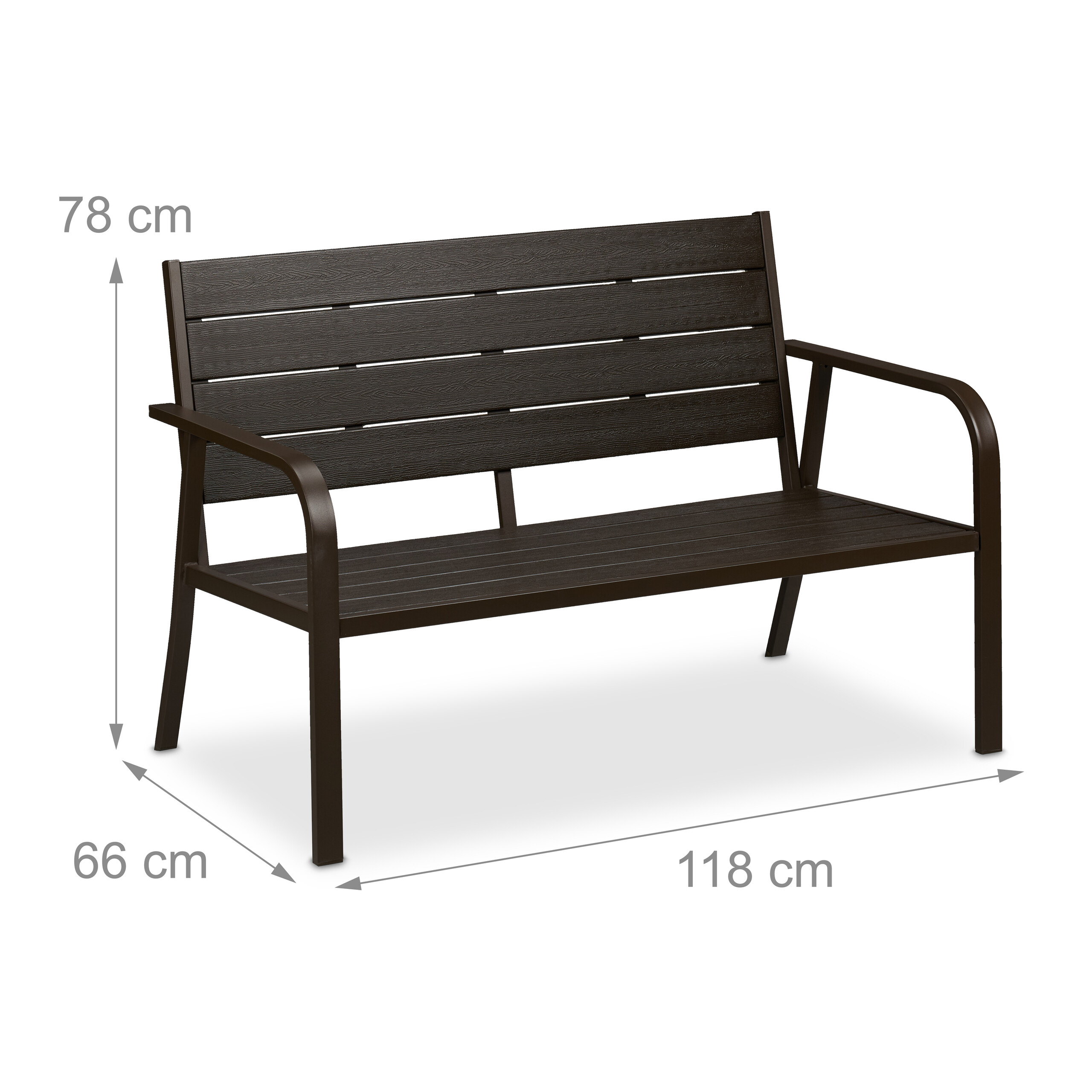 Dunkelbraune Gartenbank mit Metallgestell und Holzoptik-Sitzfläche, Maße: 118x66x78 cm.