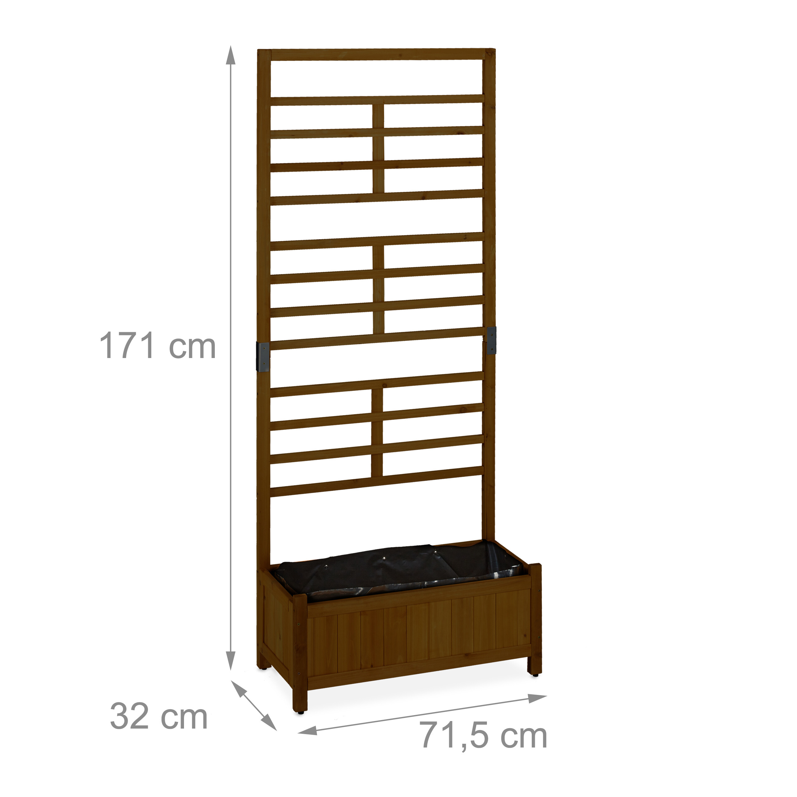 Brauner Holz-Pflanzkasten mit Spalier, 171 cm hoch, 71,5 cm breit, 32 cm tief.