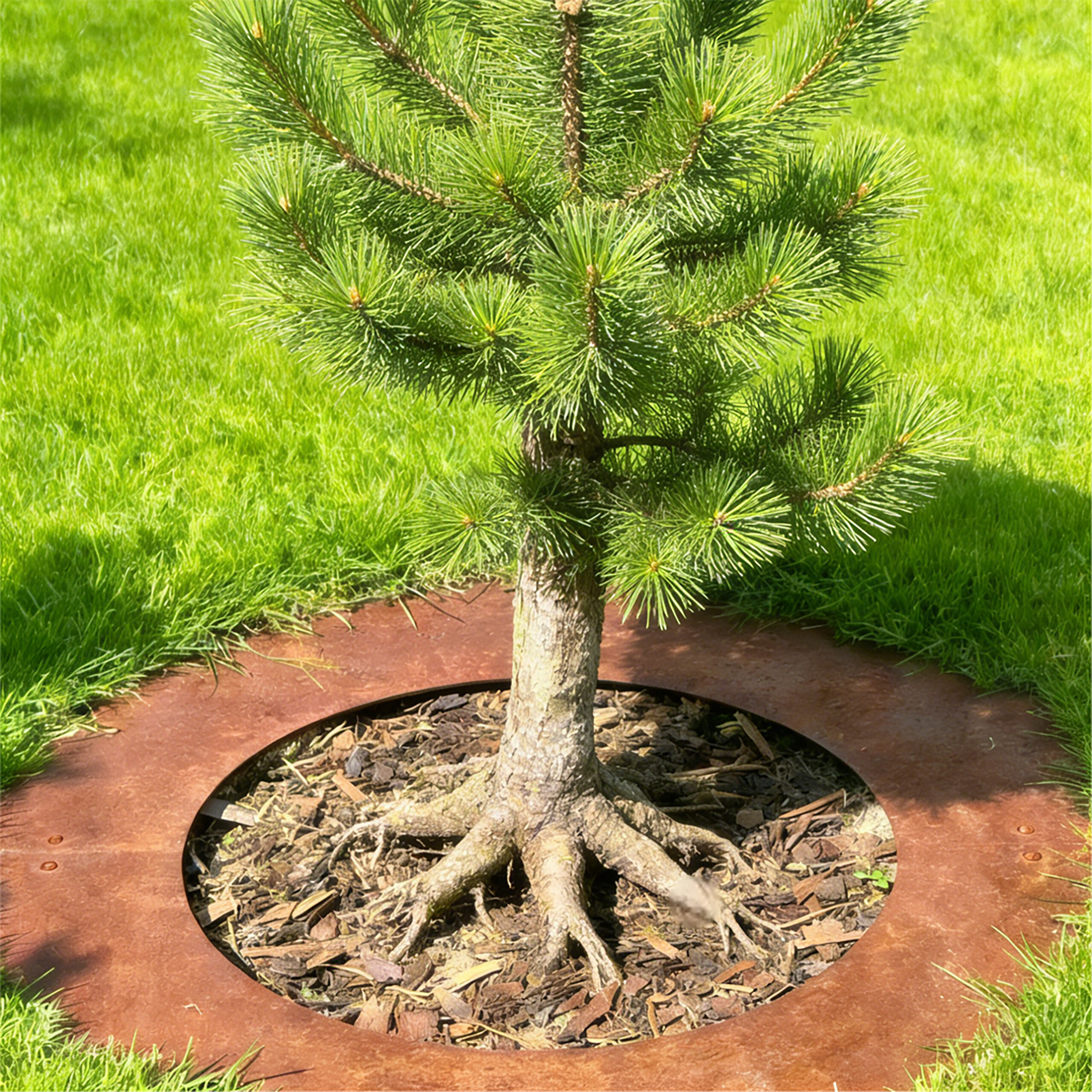 Ein junger Kiefernbaum mit sichtbaren Wurzeln in einem runden Rostbeet auf grünem Rasen.