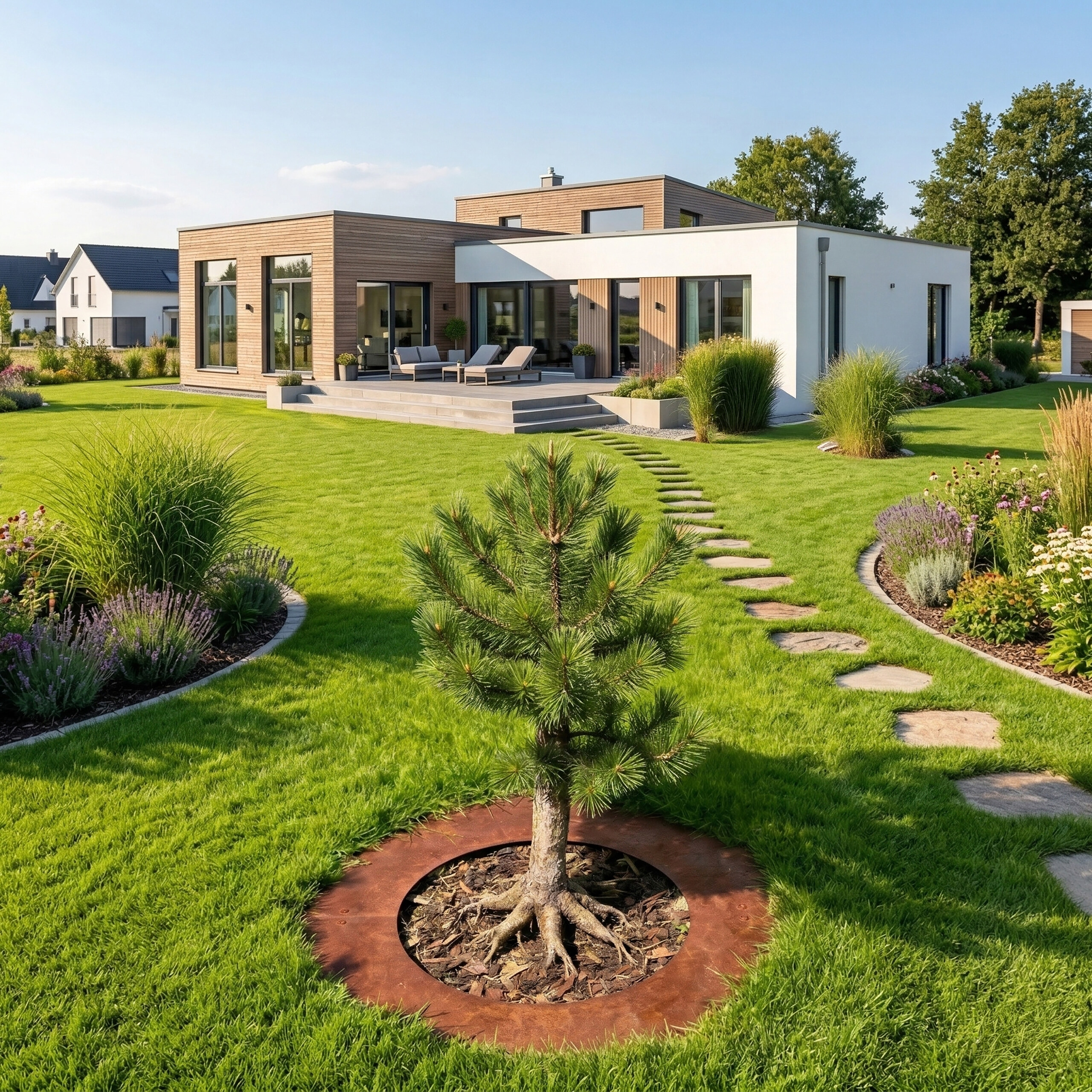 Moderne weiße und holzverkleidete Villa mit großem Garten, geschwungenem Steinweg und kleinem Nadelbaum vorne.