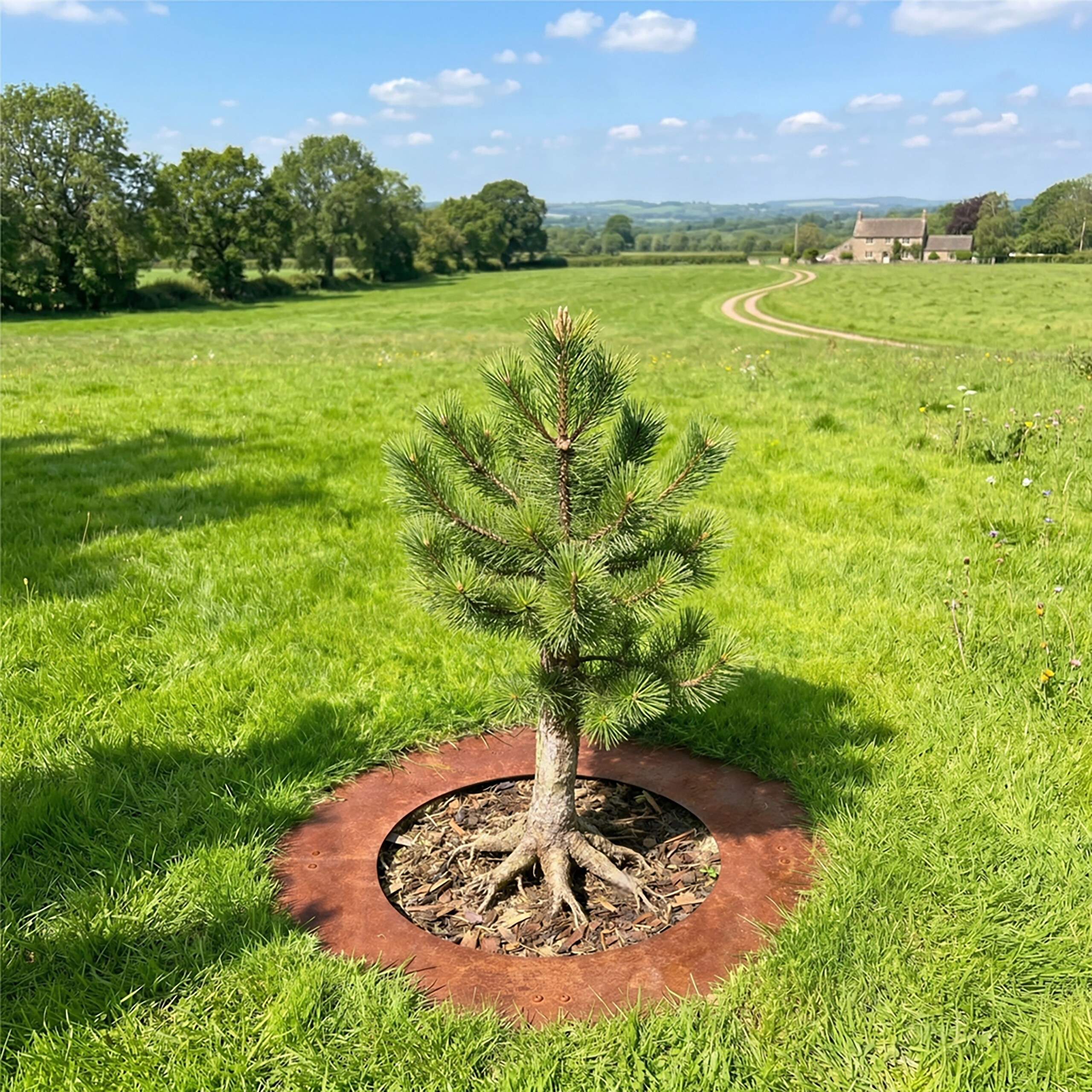 Ein junger Nadelbaum wächst in einer runden Metalleinfassung mitten auf einer grünen Wiese an einem sonnigen Tag.