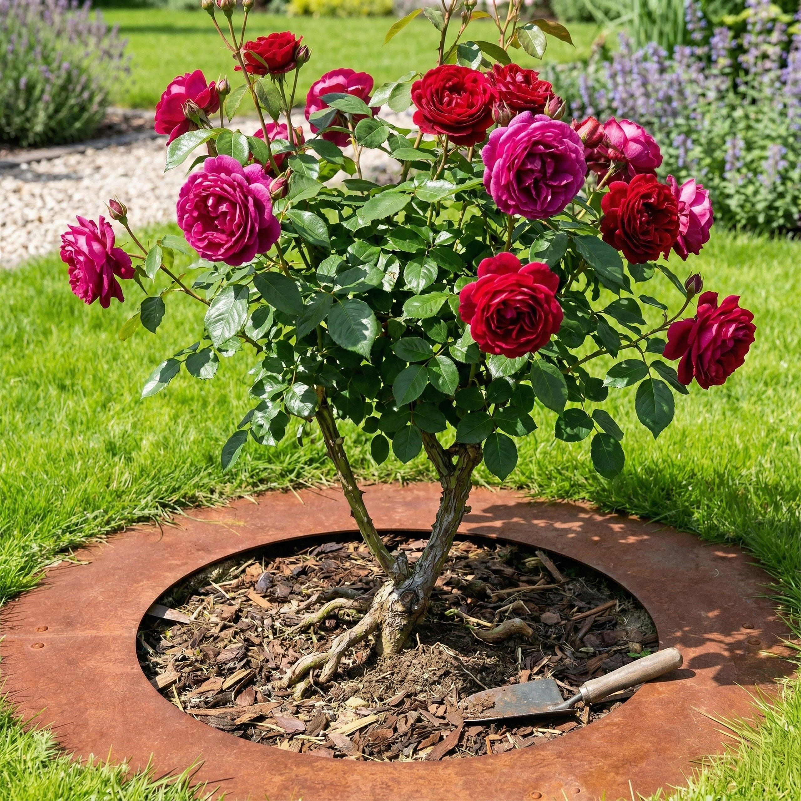 Ein üppiger Rosenstrauch mit roten und violetten Blüten steht in einem runden Metallbeet auf grünem Rasen.