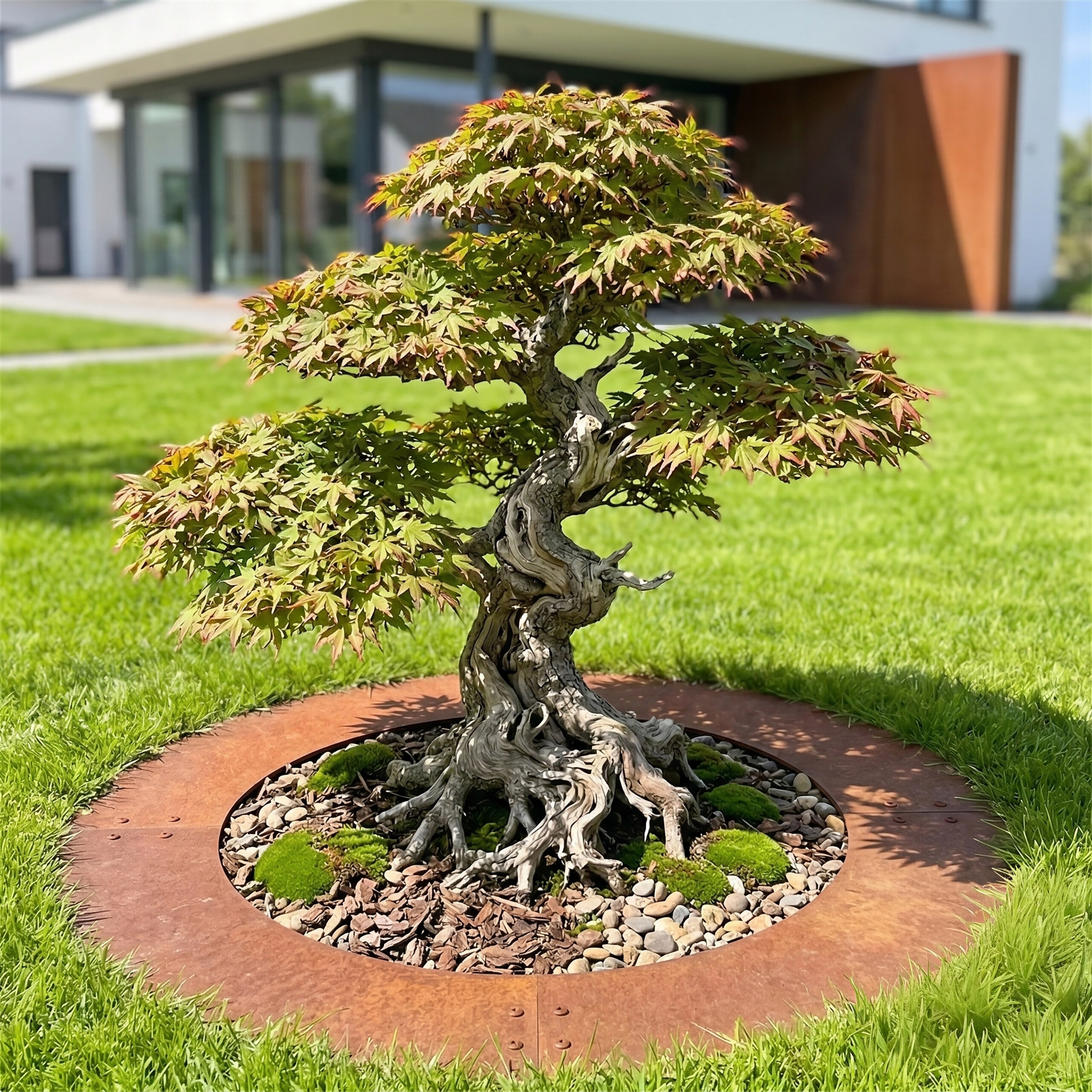Ein kunstvoll gestalteter Bonsai-Baum steht in einem runden Beet mit Steinen und Moos auf einer grünen Rasenfläche.