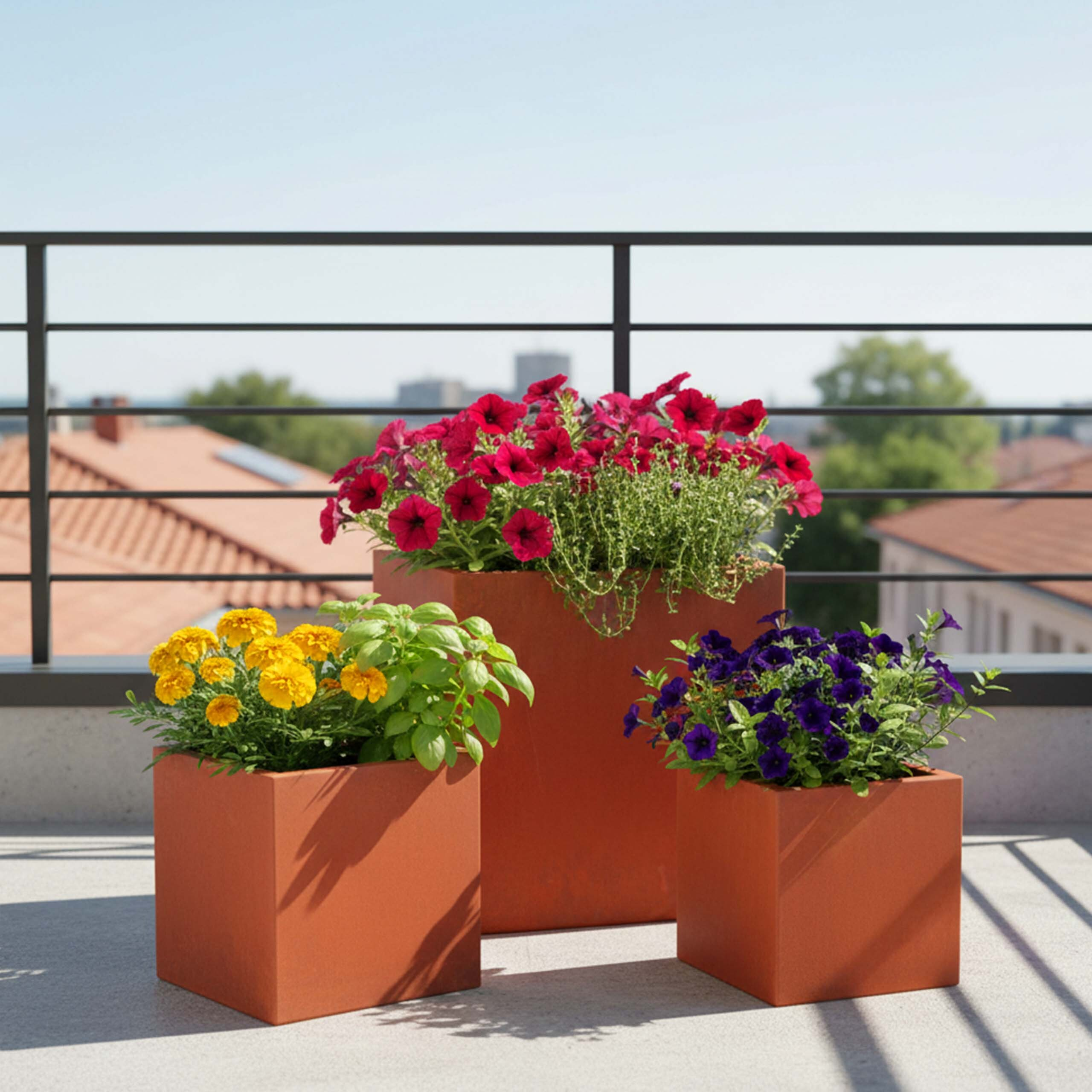 Drei quadratische orange Pflanzkügel mit bunten Blumen auf einem sonnigen Balkon.
