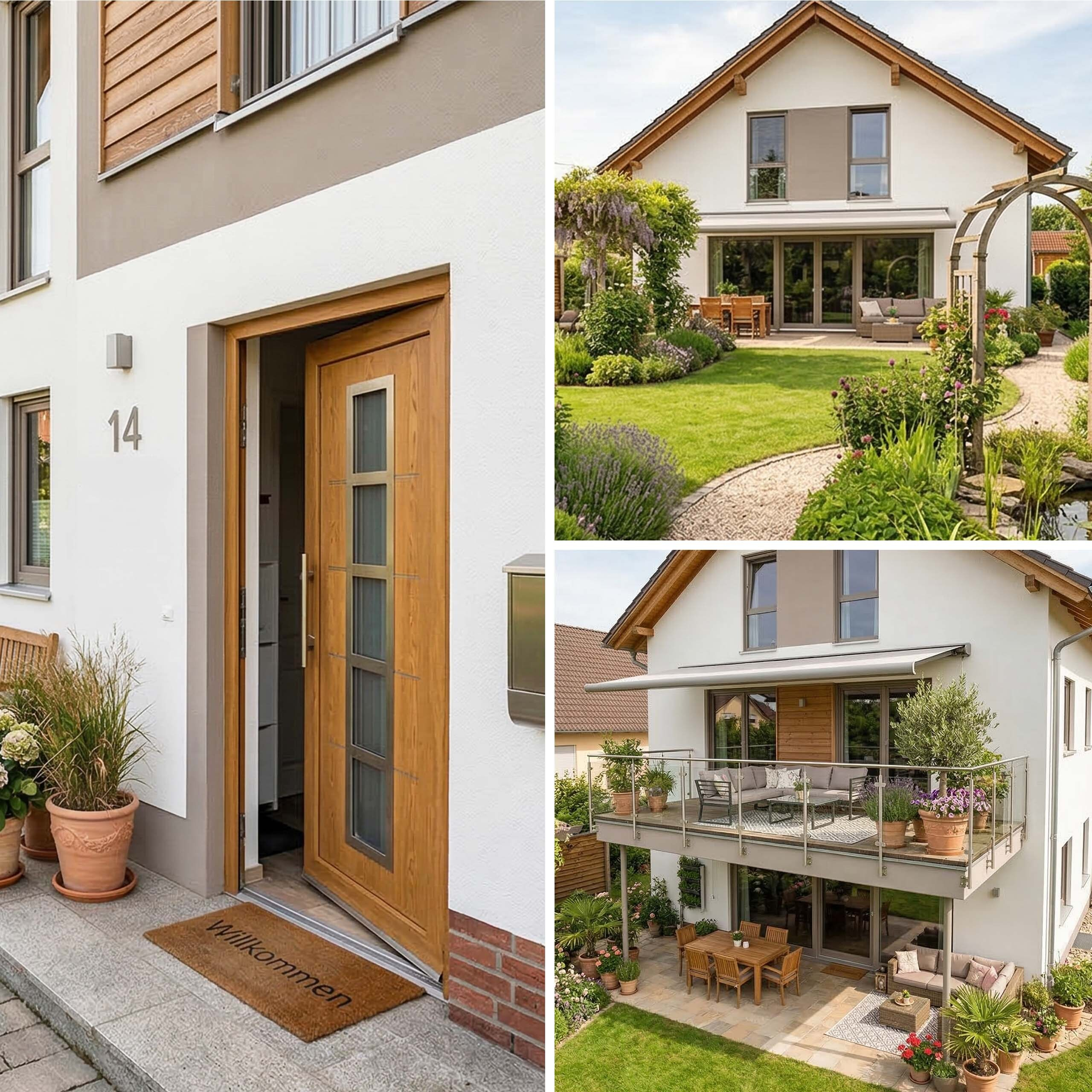 Eine Collage zeigt einen modernen Haupteingang, einen grünen Garten mit Kiesweg und einen möblierten Balkon.