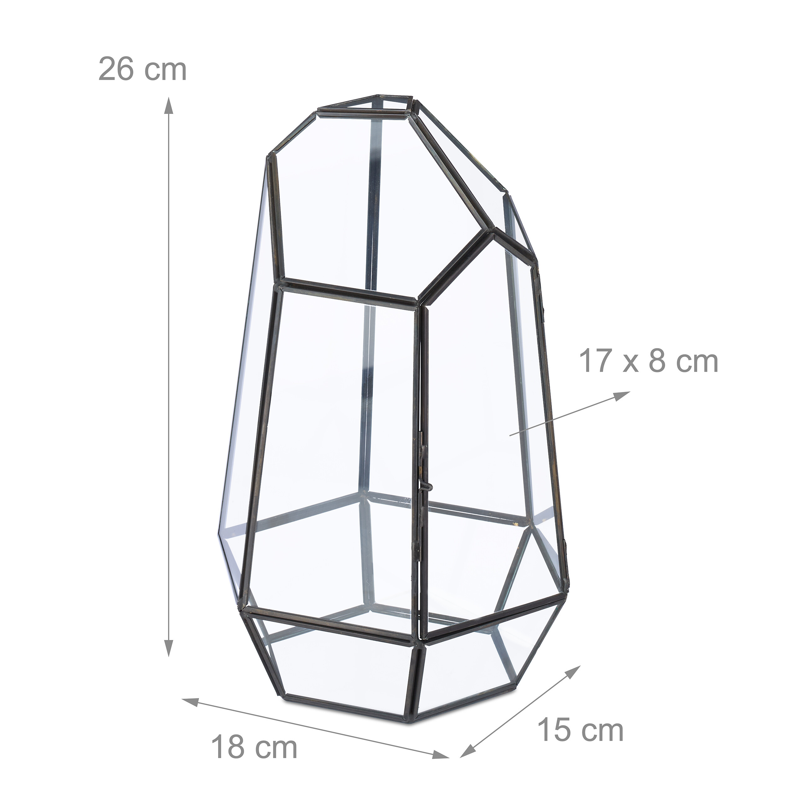 Ein geometrischer Glasbehälter mit Metallrahmen und Maßen von 26x18x15 cm auf weißem Hintergrund.