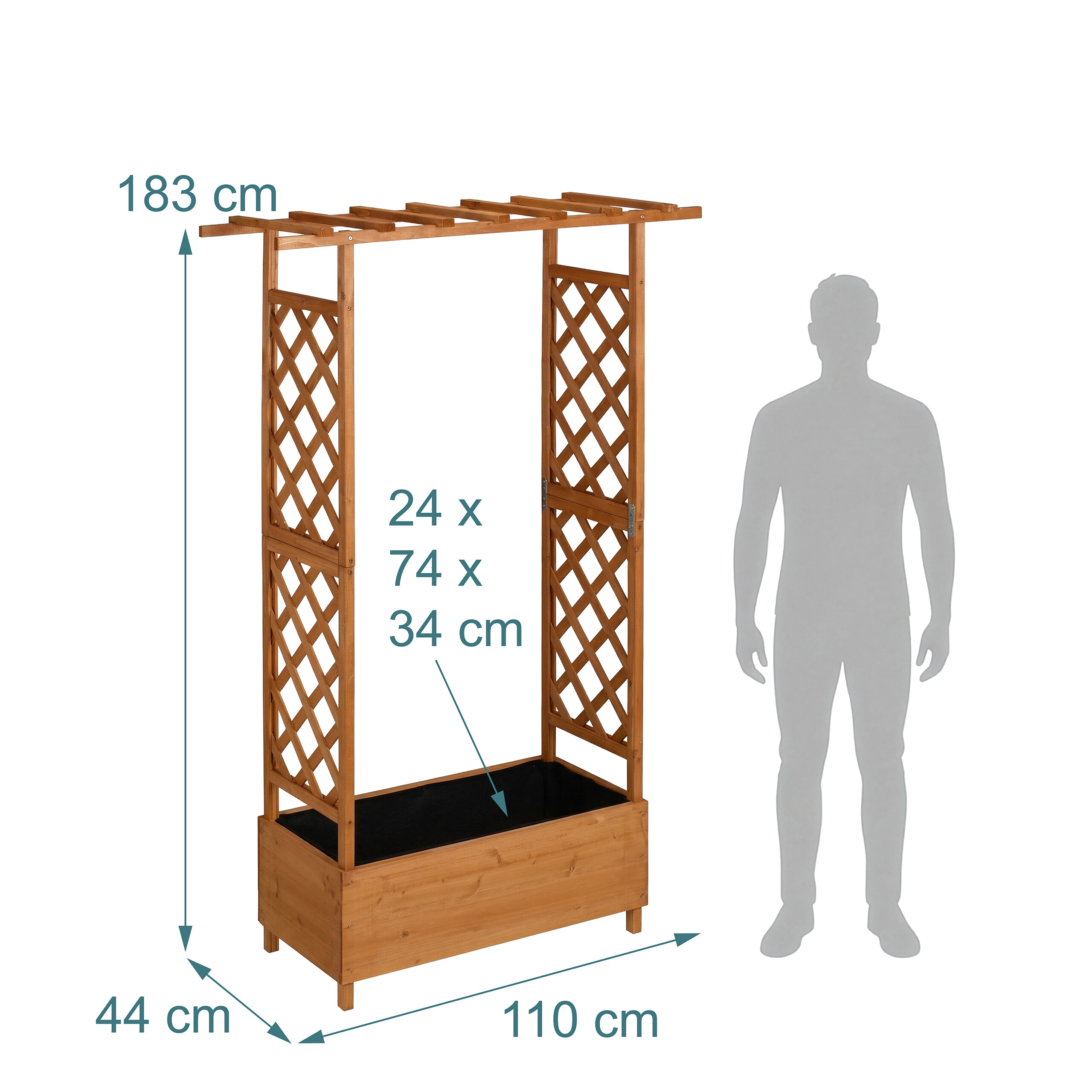 Holzpergola mit Pflanzkasten und Maßen, daneben eine graue Menschensiluett.