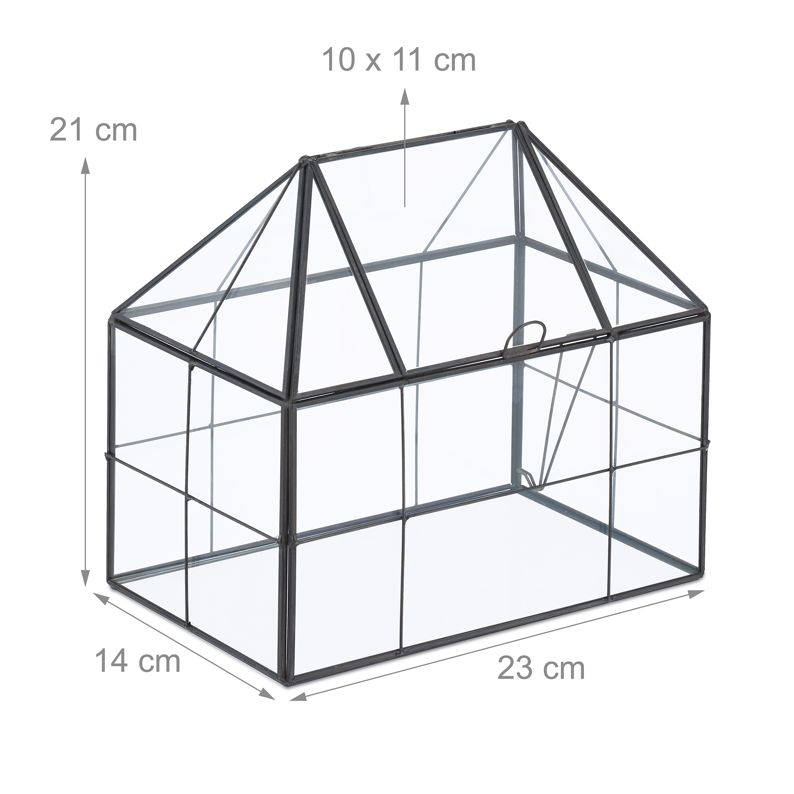 Glas-Terrarium in Hausform mit Metallrahmen und Maßen 23x14x21 cm vor weißem Hintergrund.