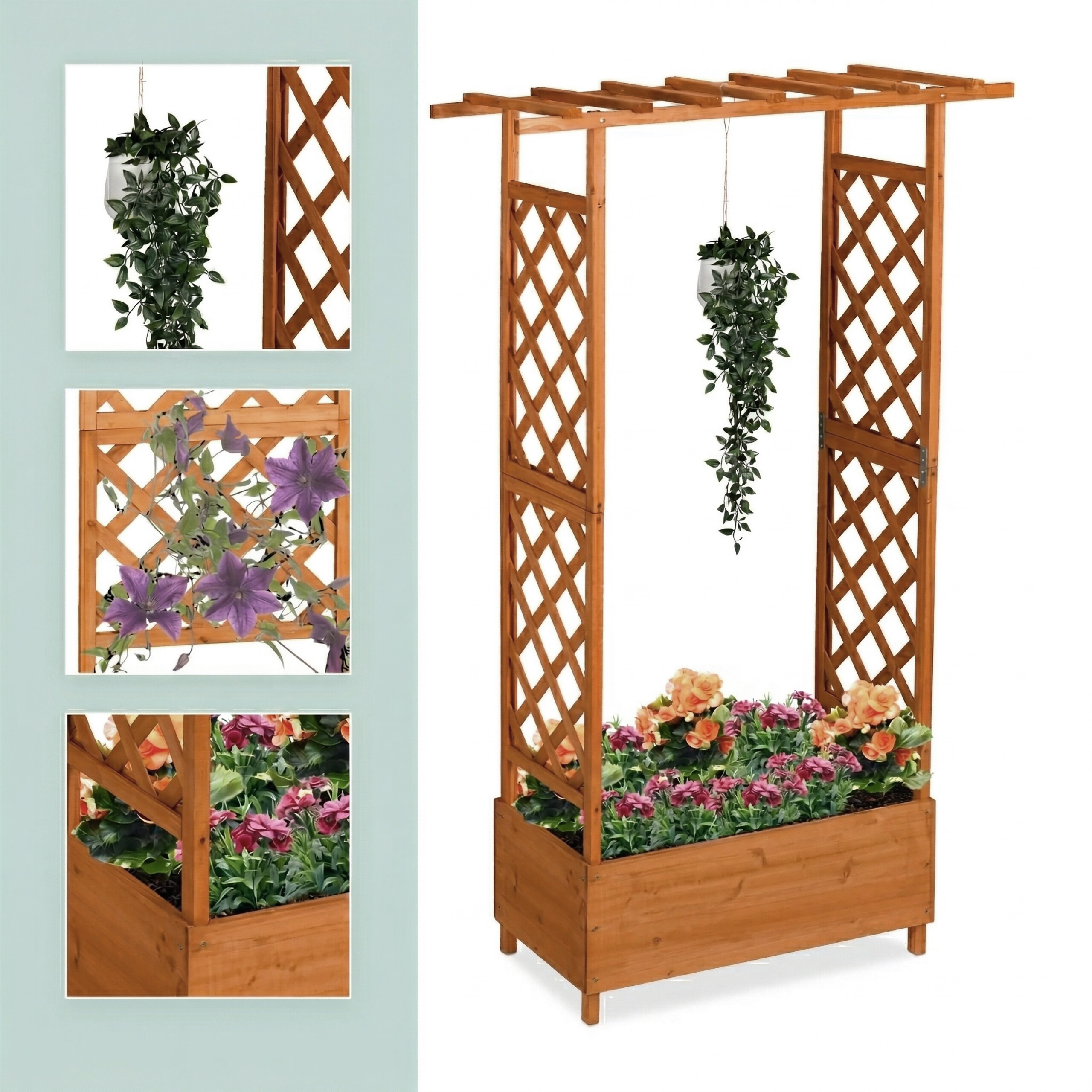 Holz-Blumenkasten mit Rankgitter und Hängepflanze, dazu Detailaufnahmen.