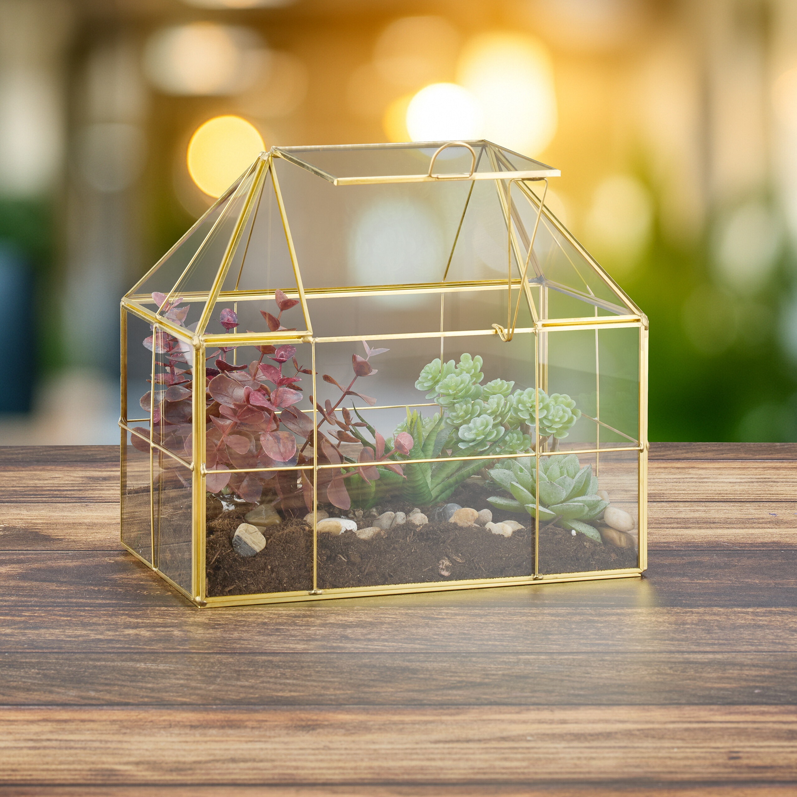 Ein hausförmiges Glasterrarium mit Messingrahmen, Erde, kleinen Steinen, rotem Laub und grünen Sukkulenten auf einem Holztisch.