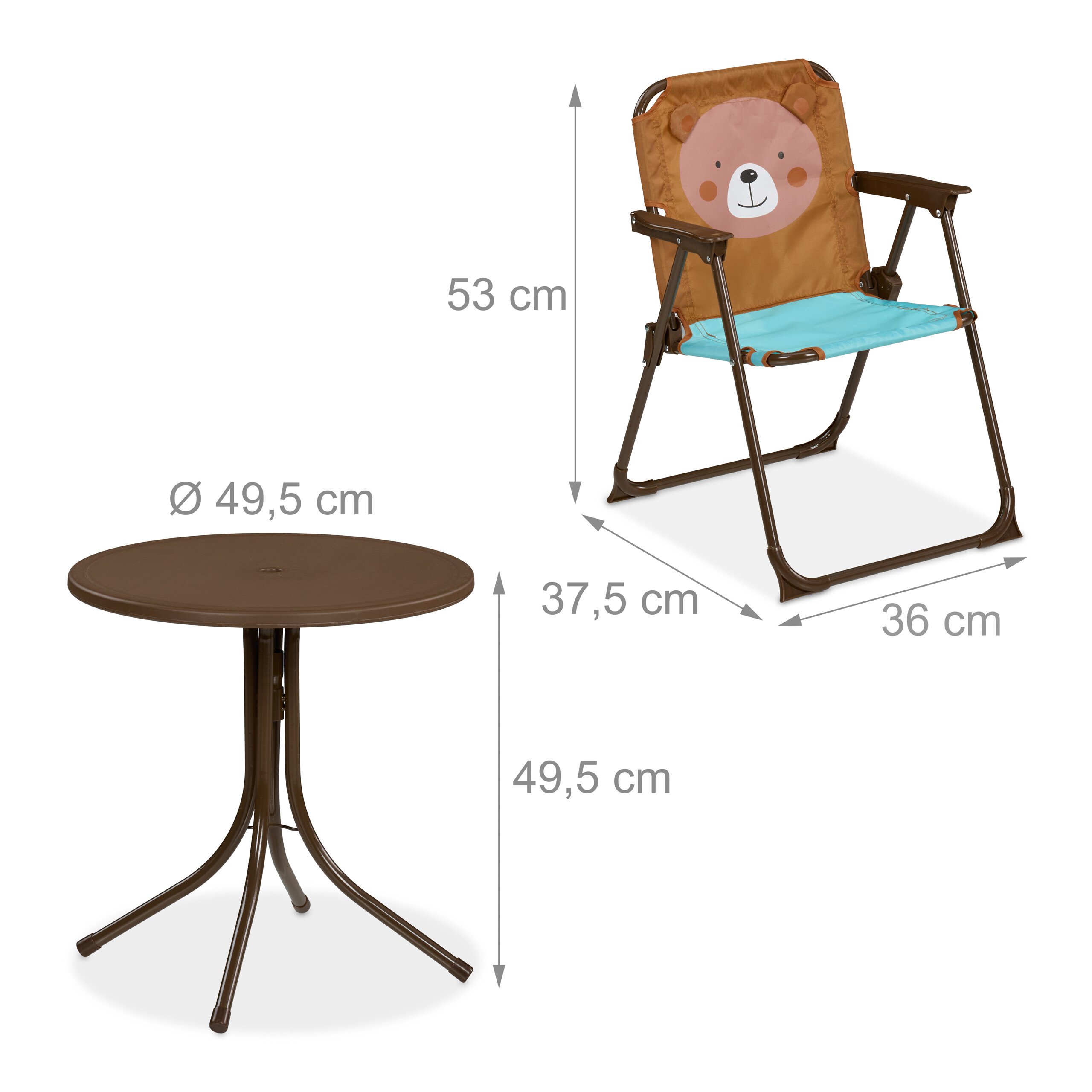 Brauner Campingtisch und ein Kinder-Faltstuhl mit Bärengesicht auf der Rückenlehne, mit Maßangaben.
