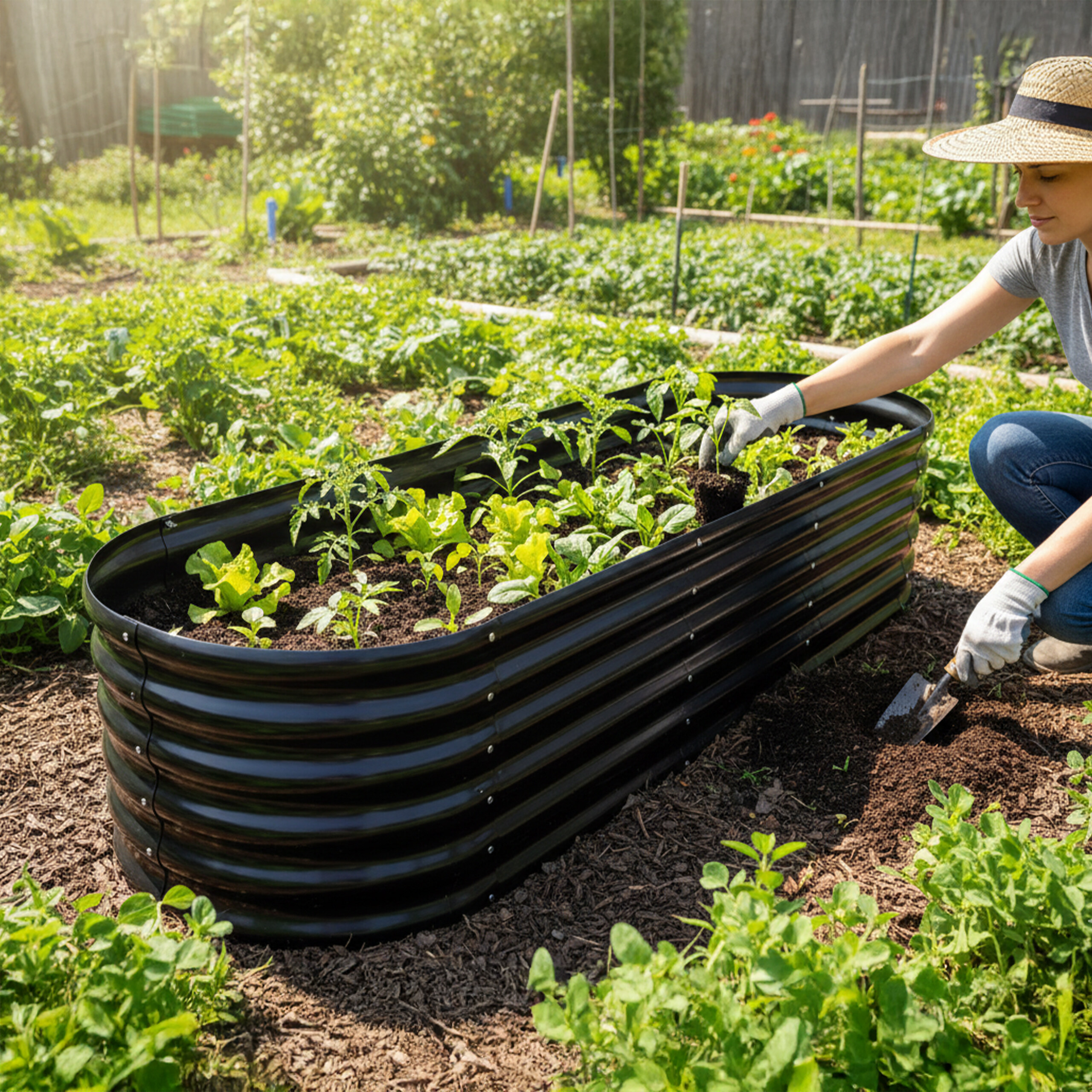 Eine Frau mit Strohhut pflanzt Setzlinge in ein Hochbeet, im Hintergrund ein üppig grüner Garten.