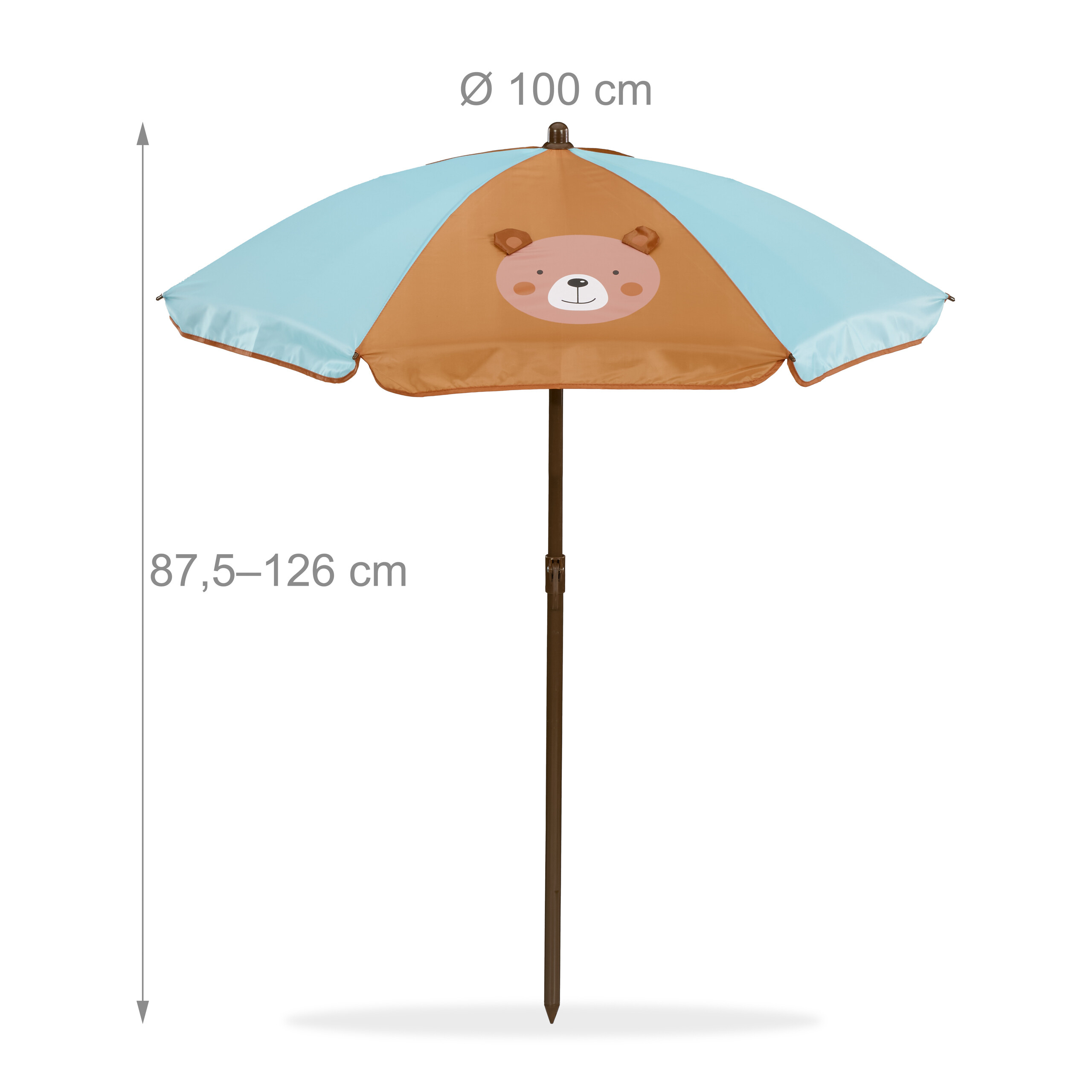 Blau-brauner Sonnenschirm mit Bärenmotiv, 100 cm Durchmesser und Höhenangabe von 87,5 bis 126 cm.