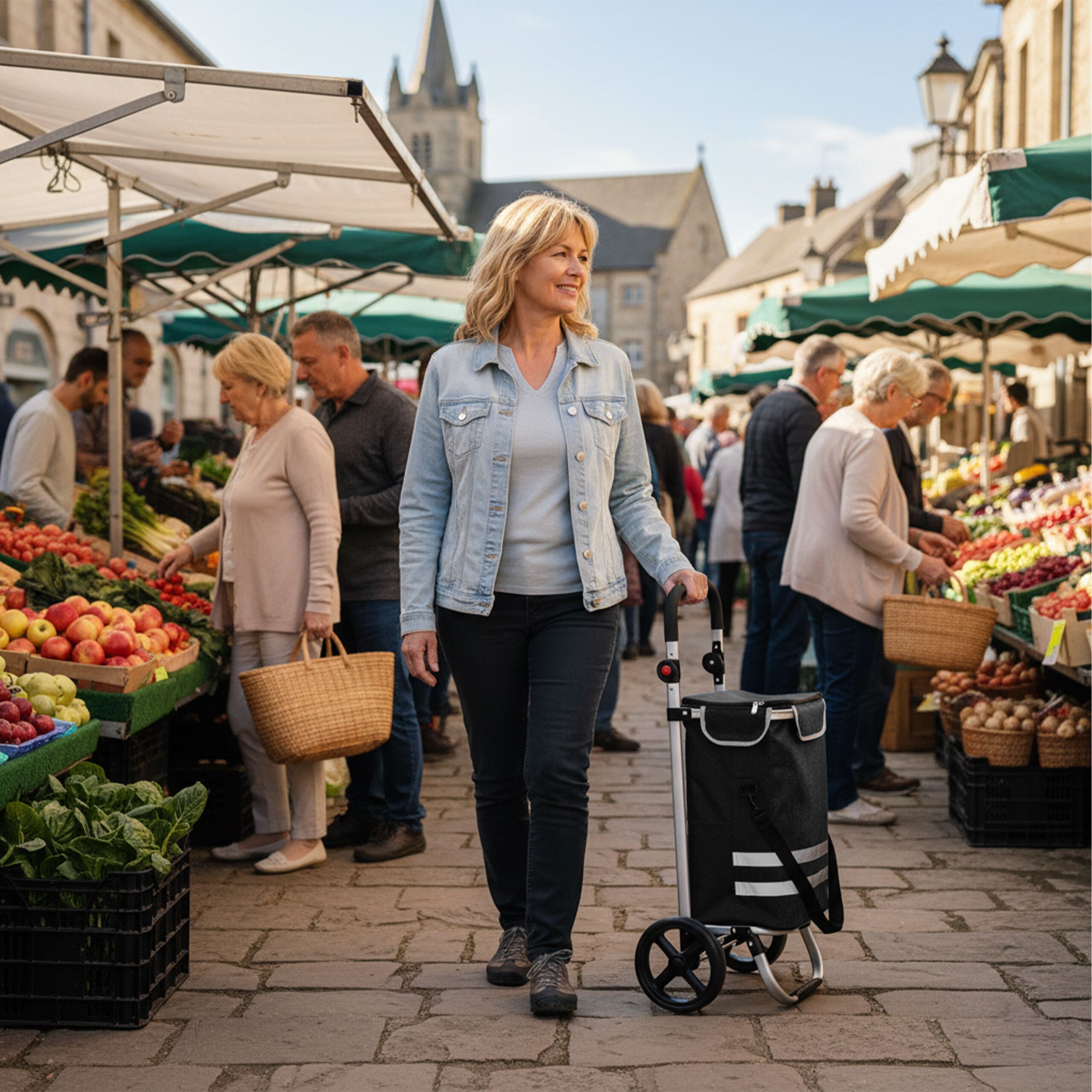 Blonde Frau zieht Einkaufstrolley auf einem belebten Markt mit Ständen voller frischem Gemüse und Obst.