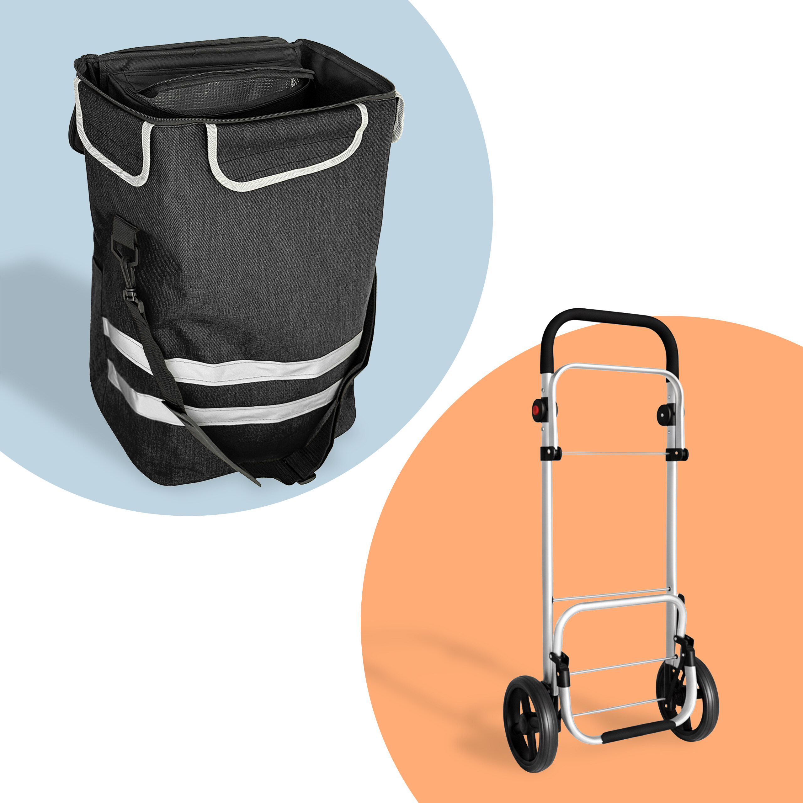 Eine schwarze Einkaufstasche mit weißen Streifen und ein Metall-Trolleygestell mit zwei Rädern.