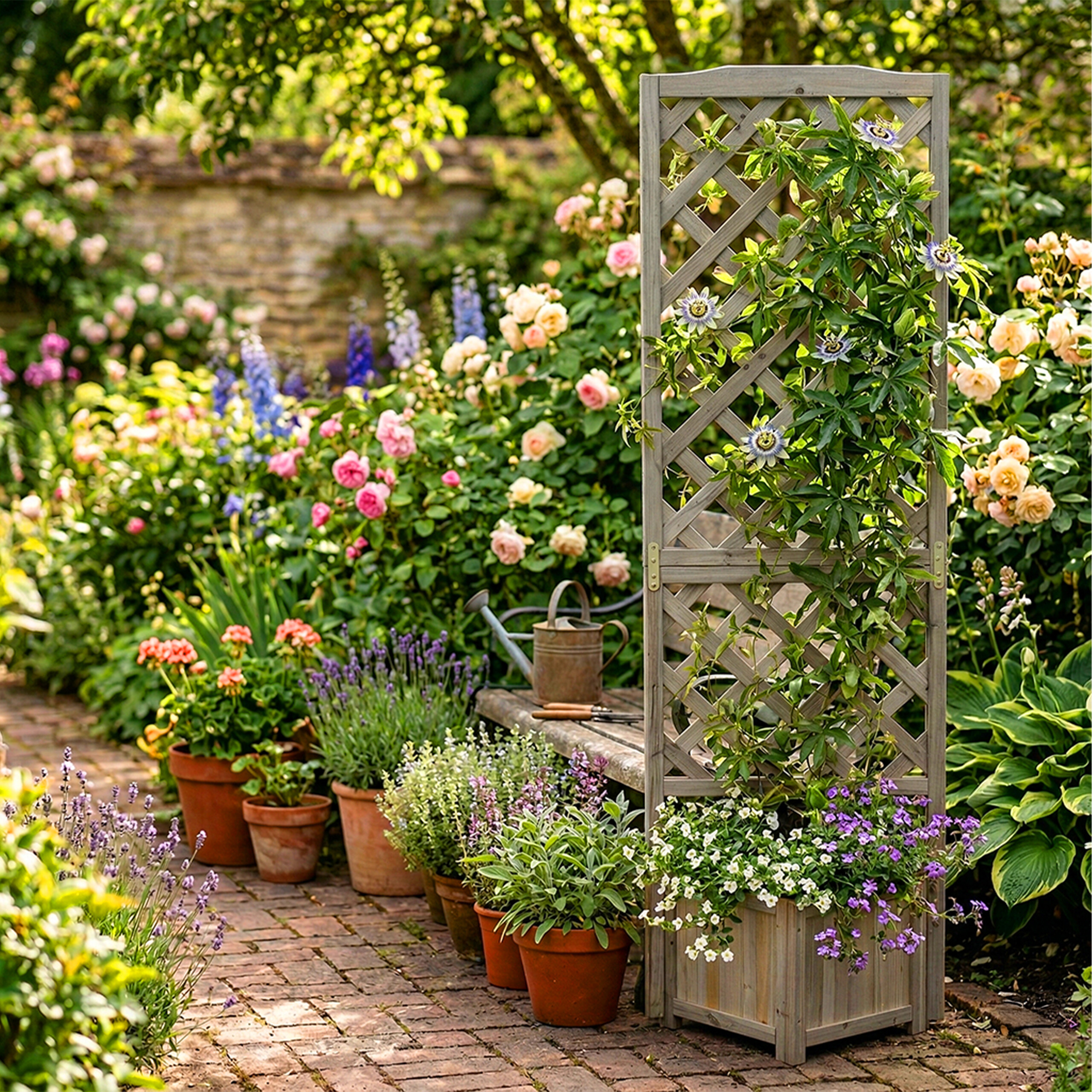 Ein hölzernes Gartenspalier mit Blumen in Töpfen steht auf einem Ziegelweg im Garten.