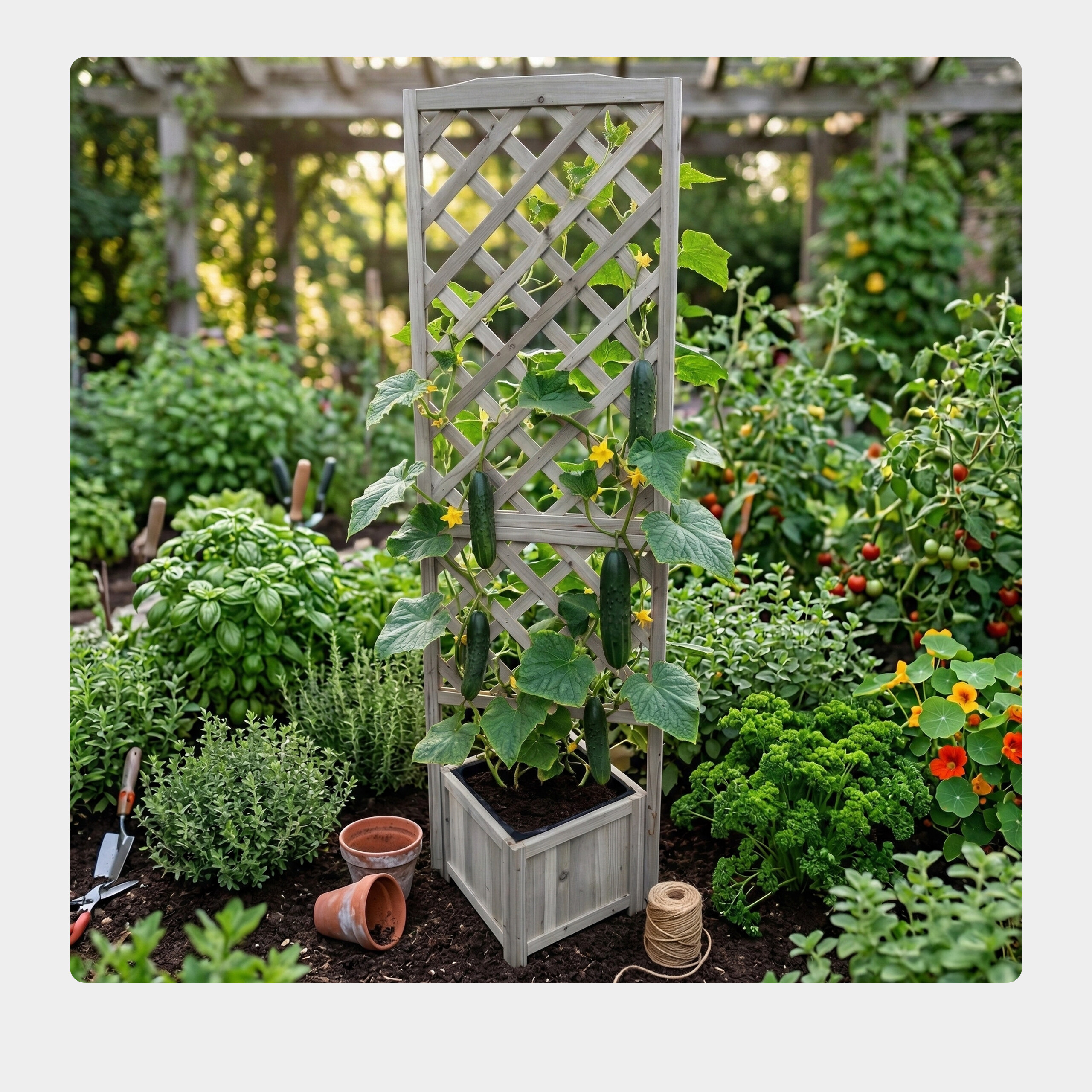 Ein hölzernes Spalier mit kletternden Gurkenpflanzen steht in einem üppigen Garten, umgeben von Kräutern.