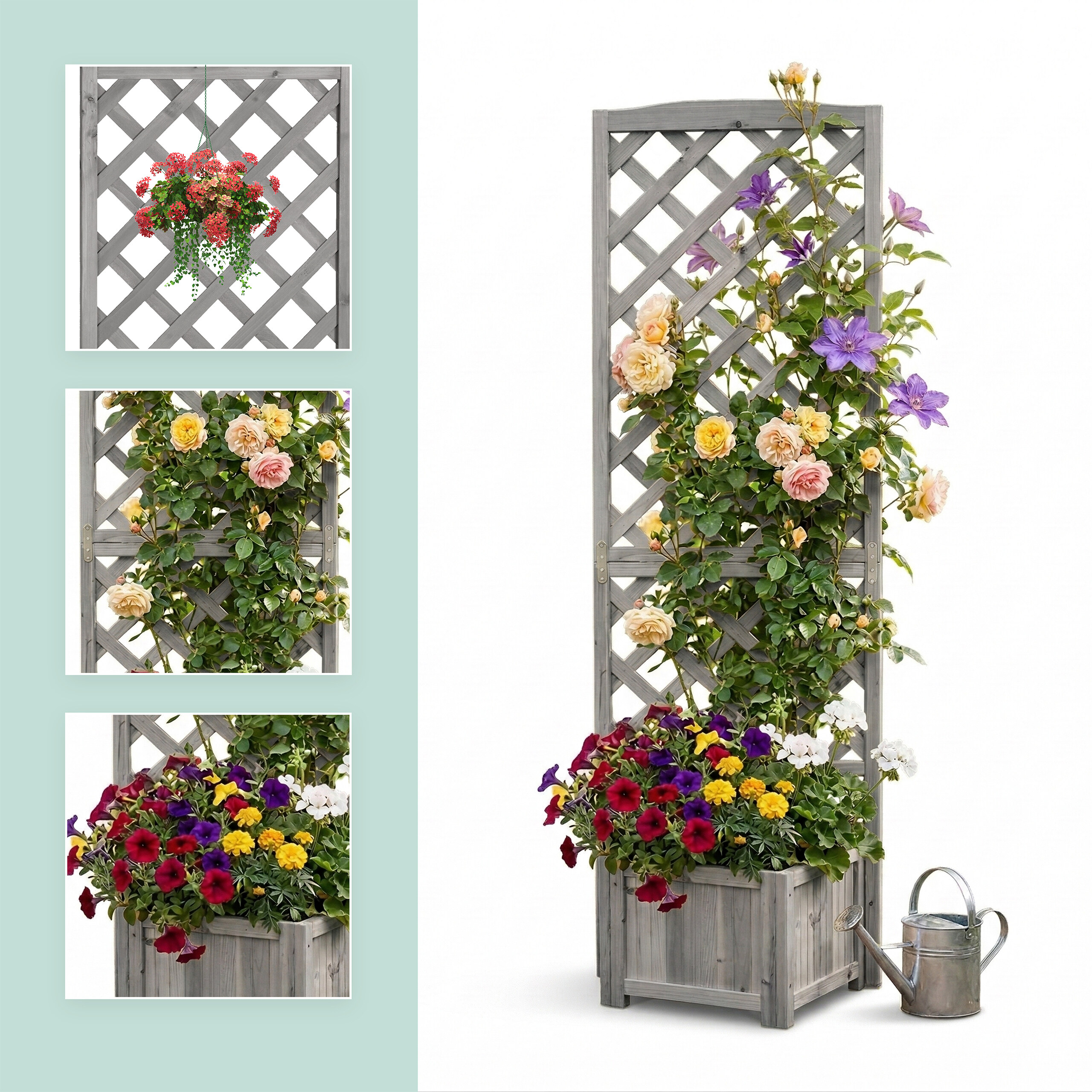 Ein hölzernes Gartenspalier mit einem Blumenkasten und einer Gießkanne daneben.