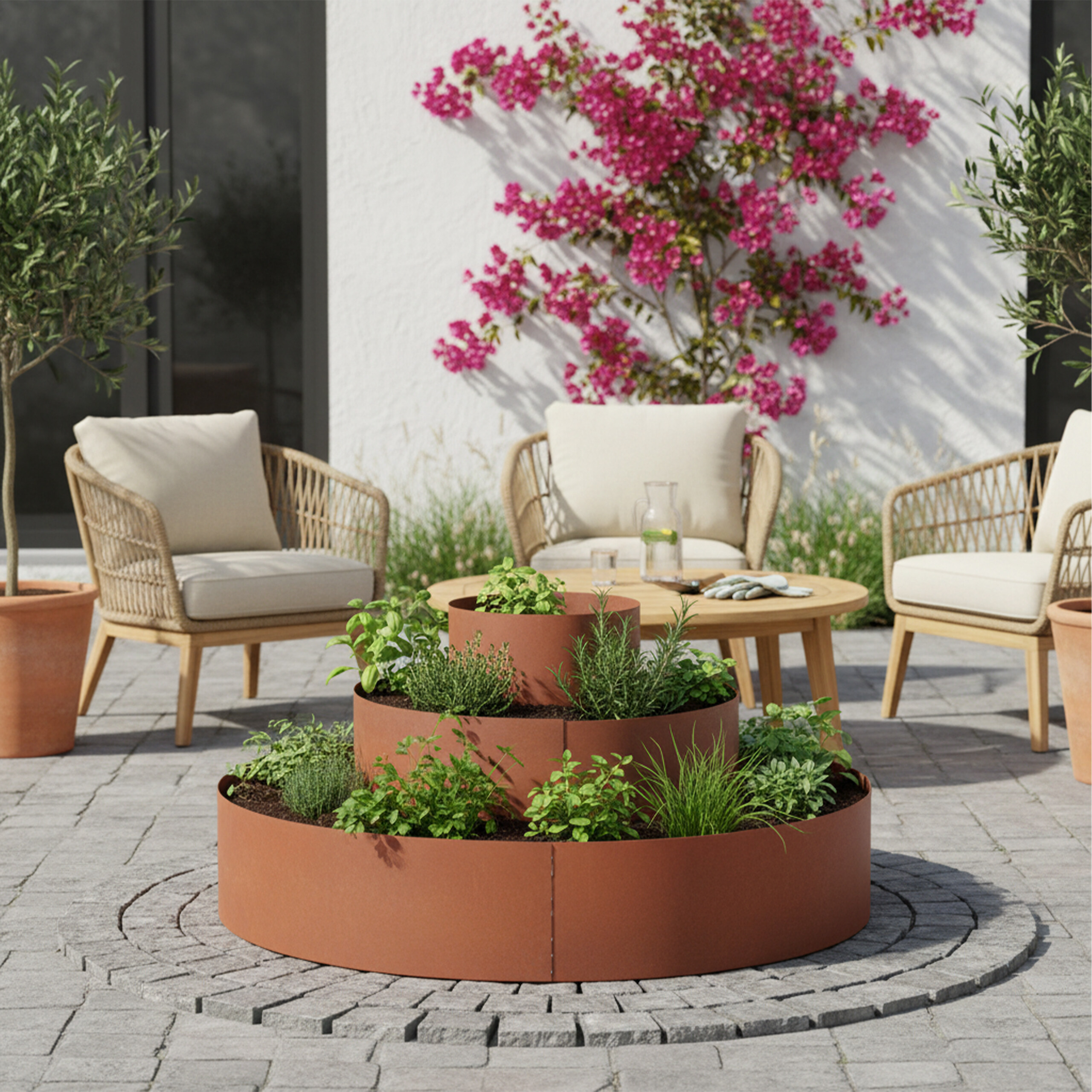 Ein mehrstufiger, rostfarbener Metallpflanzer mit Kräutern auf einer Steinterrasse, mit Korbstühlen und rosa Blumen im Hintergrund.