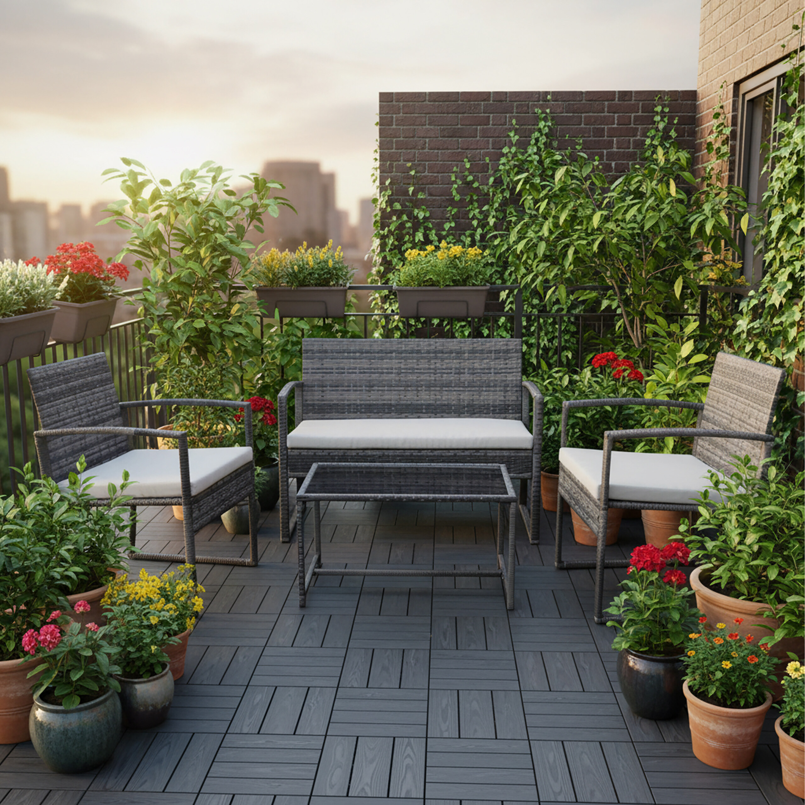 Rattan-Terrassenmöbel mit Sofa, zwei Stühlen und Tisch auf einem Balkon, umgeben von üppigen Topfpflanzen.