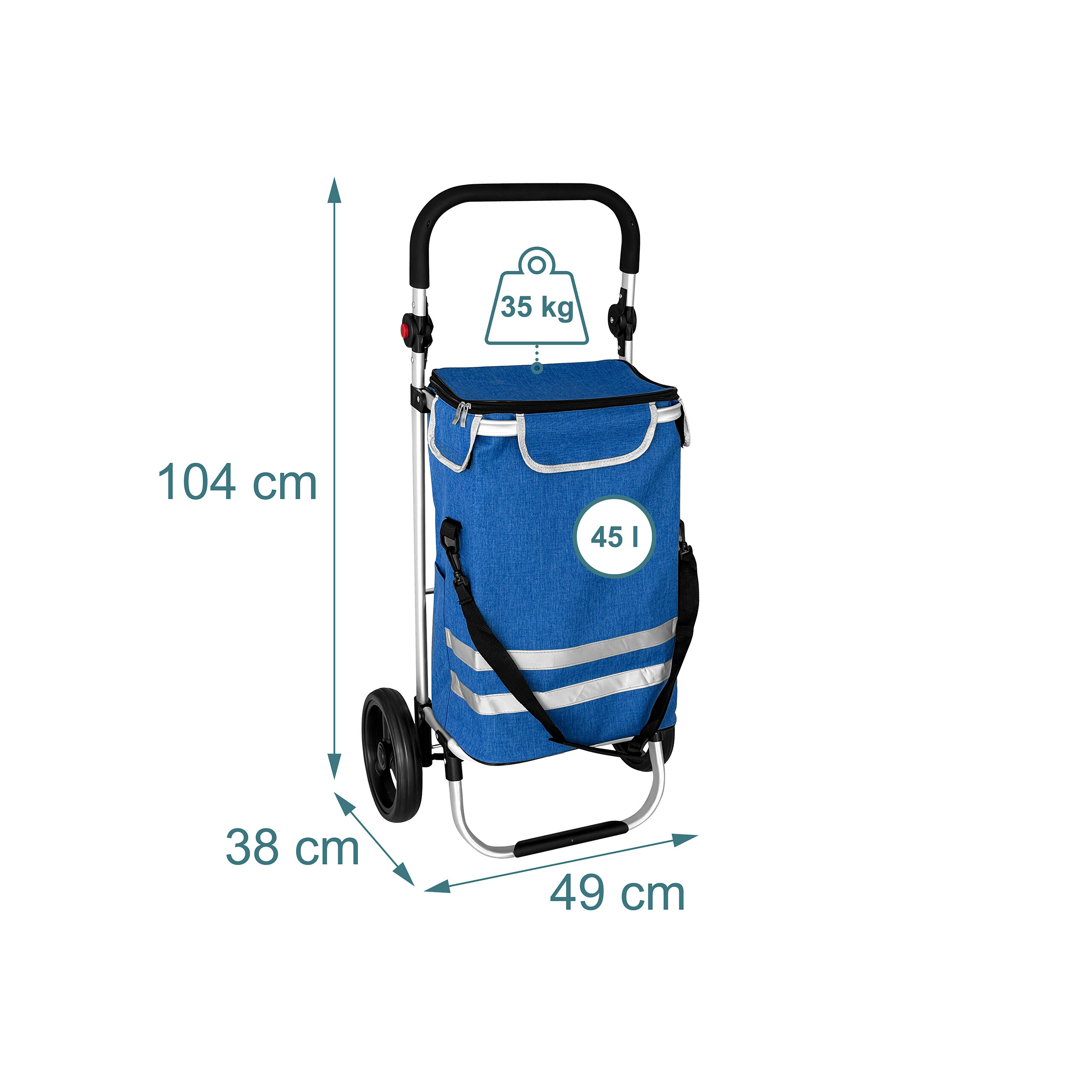 Blauer Einkaufstrolley mit Metallgestell, Rädern und Maßen von 104x49x38 cm, 45 L Fassungsvermögen und 35 kg Tragkraft.