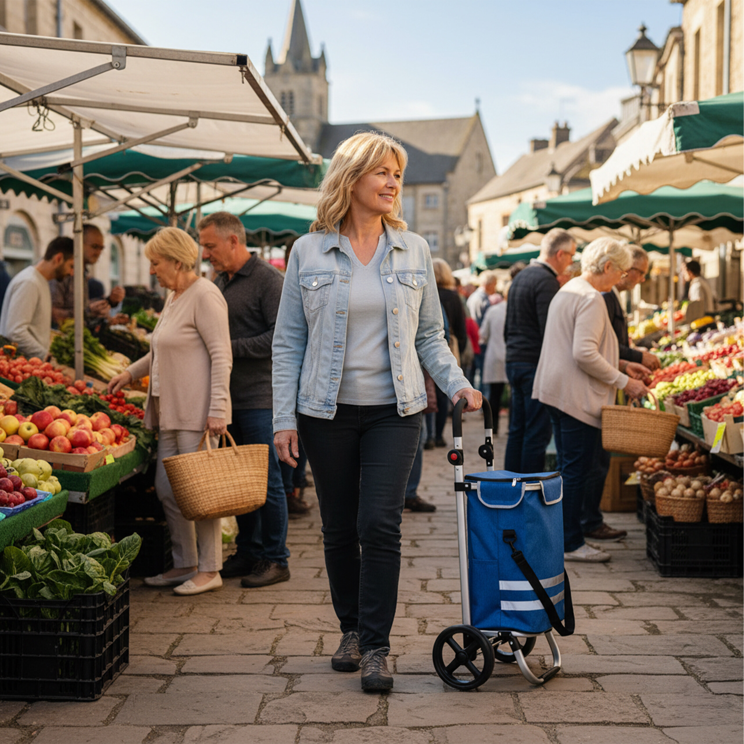Blonde Frau zieht einen blauen Einkaufsroller über einen belebten Markt.