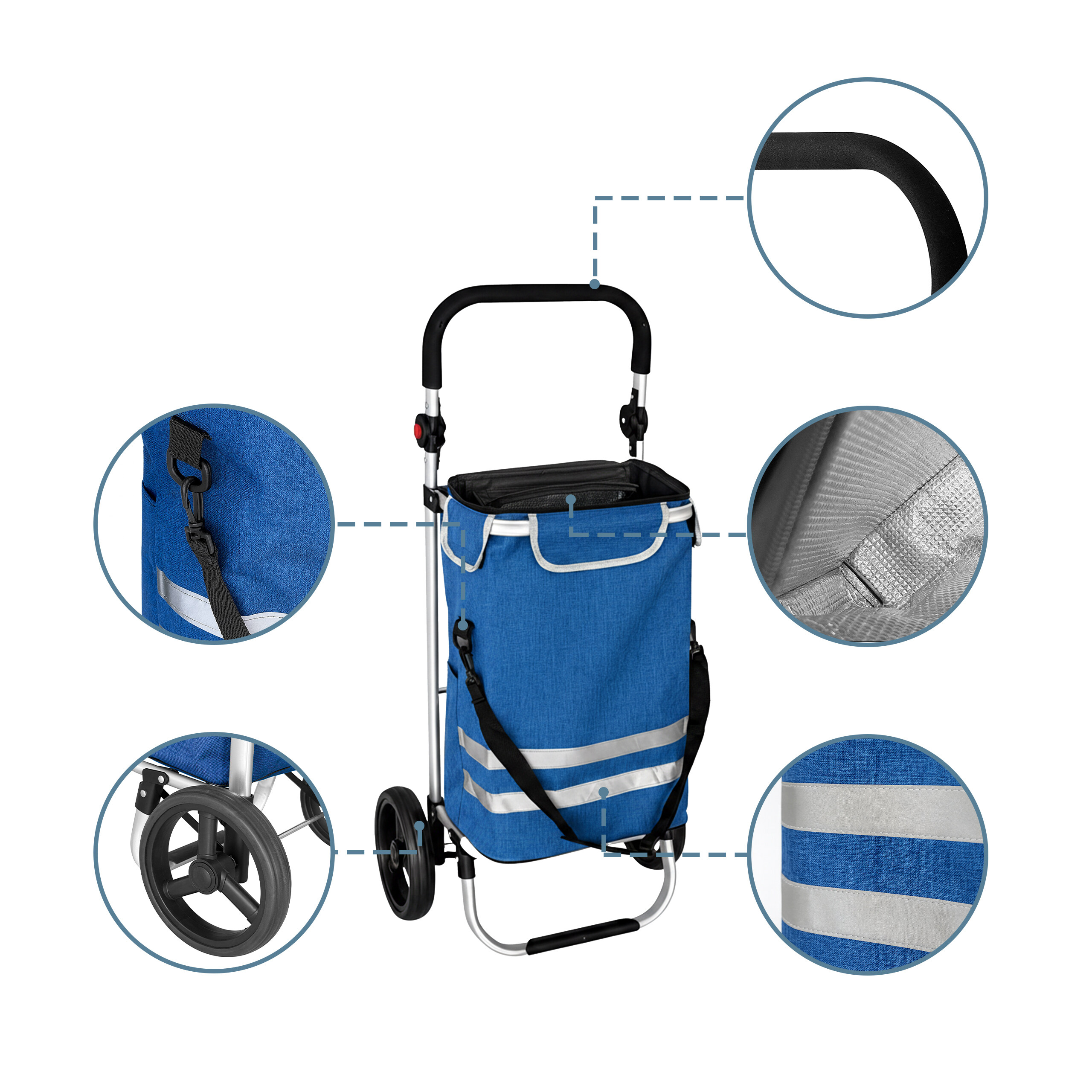 Ein blauer Einkaufstrolley mit verschiedenen Detailaufnahmen, die den Griff, die Isolierung, Räder und Reflektoren zeigen.