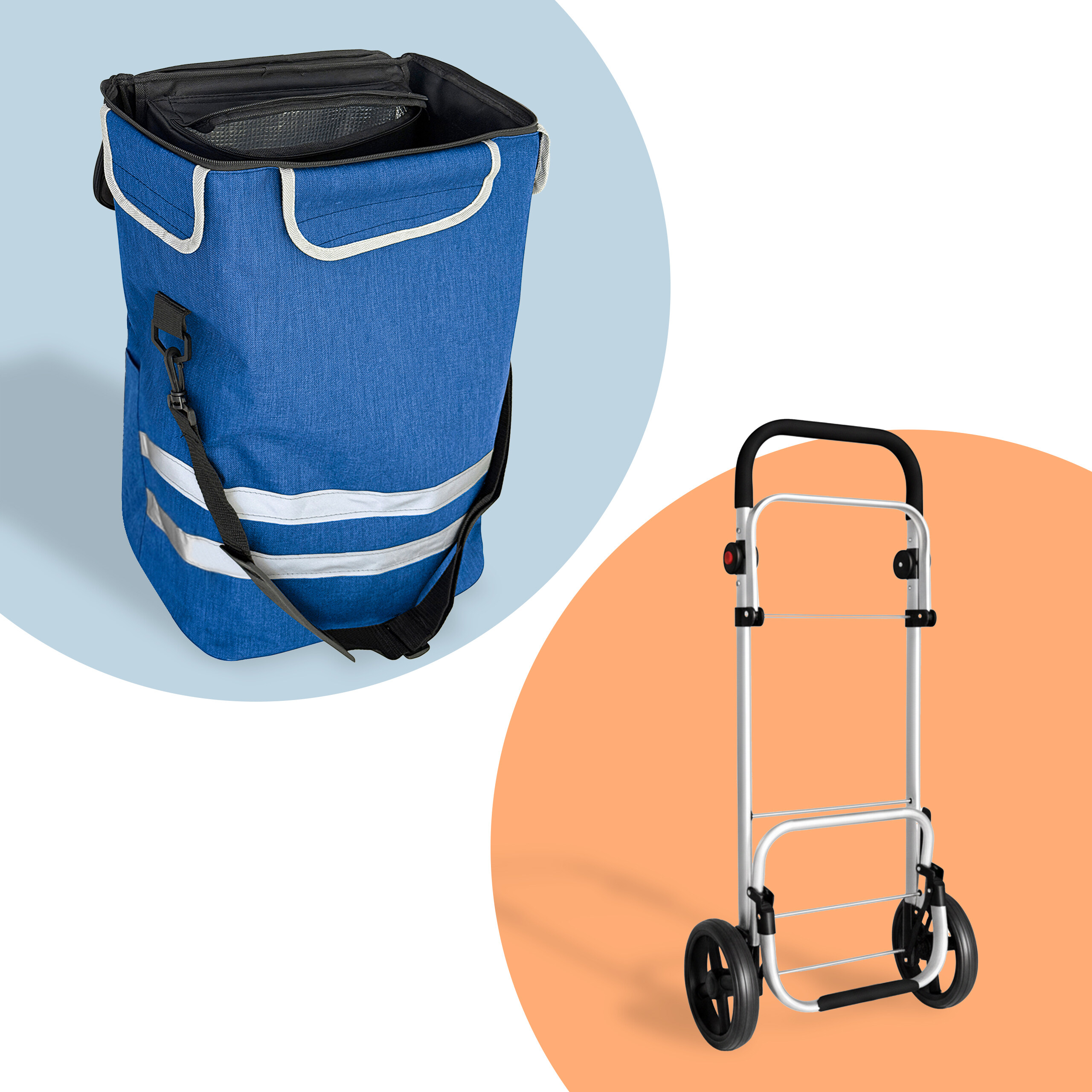 Blaue Einkaufstasche mit reflektierenden Streifen und ein faltbarer silberner Handwagen mit zwei Rädern.