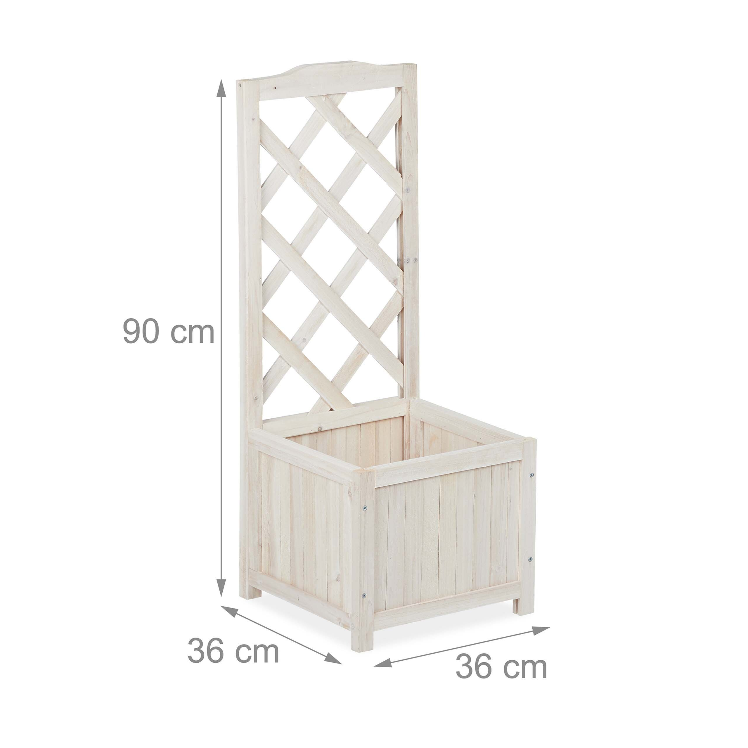 Ein weißer Holz-Pflanzkübel mit Spalier, 90 cm hoch, 36 cm breit und 36 cm tief.