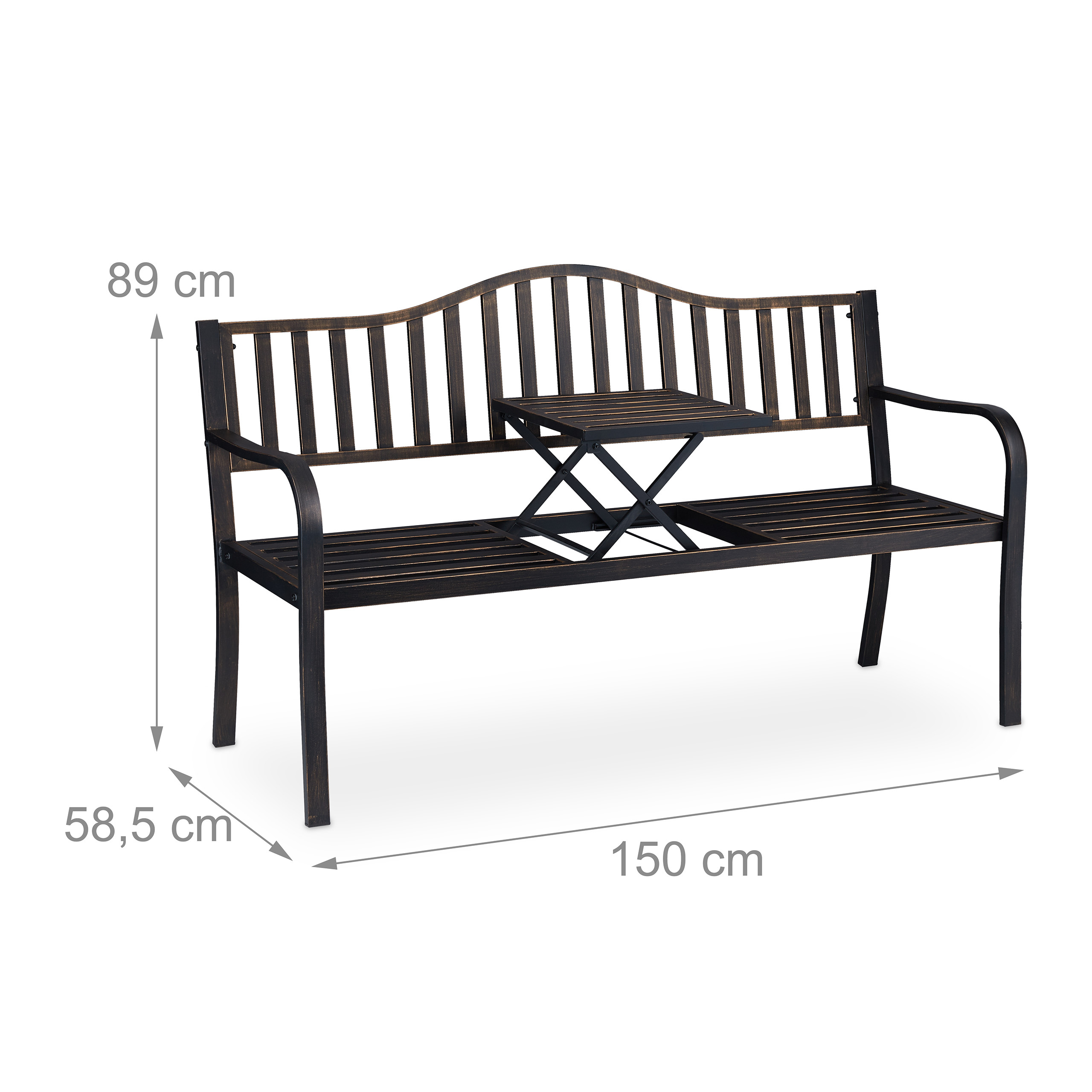Schwarze Metallgartenbank mit integriertem Klapptisch, Breite 150 cm, Tiefe 58,5 cm, Höhe 89 cm.