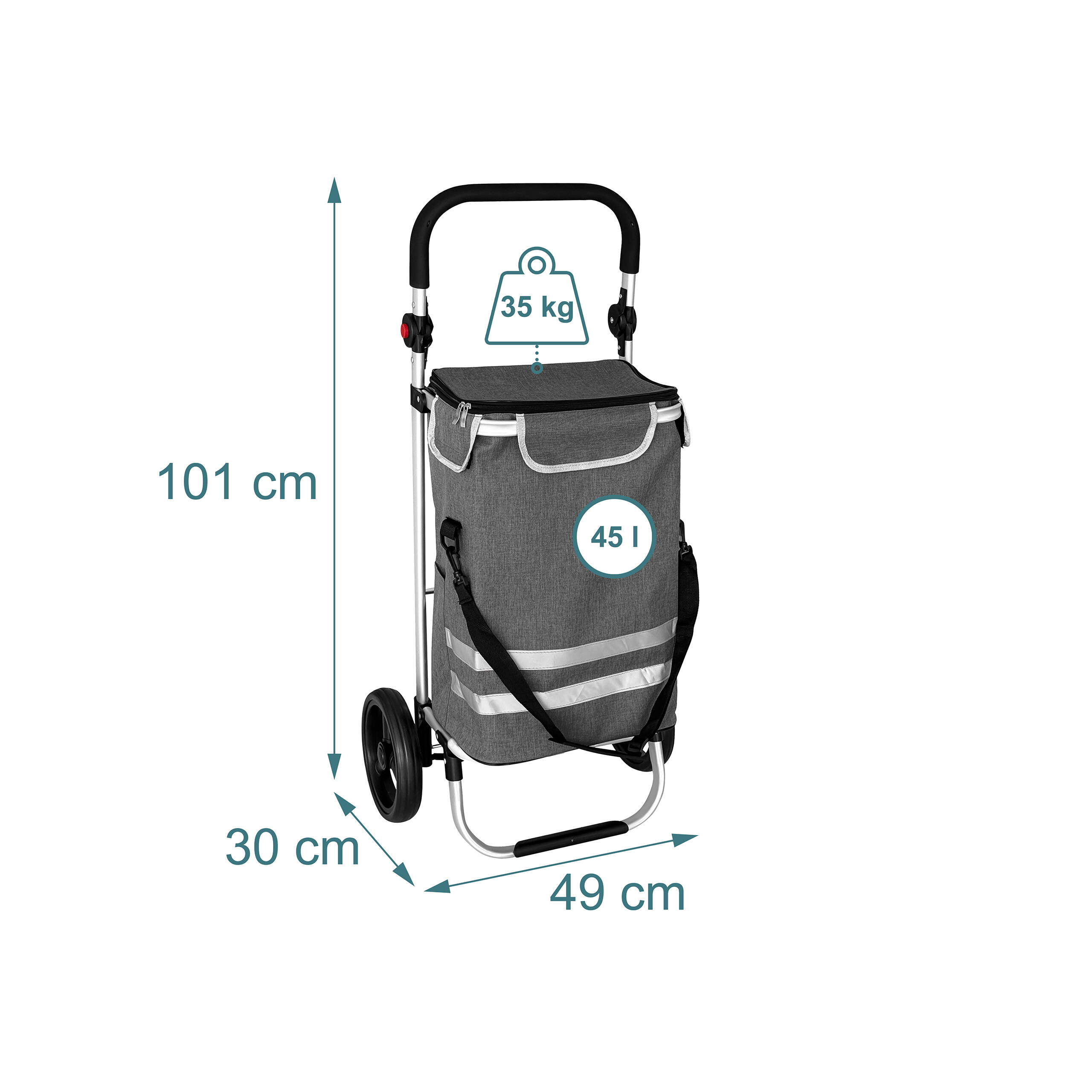 Grauer Einkaufstrolley mit Maßen 101x49x30 cm, 45 l Volumen und 35 kg Tragkraft.