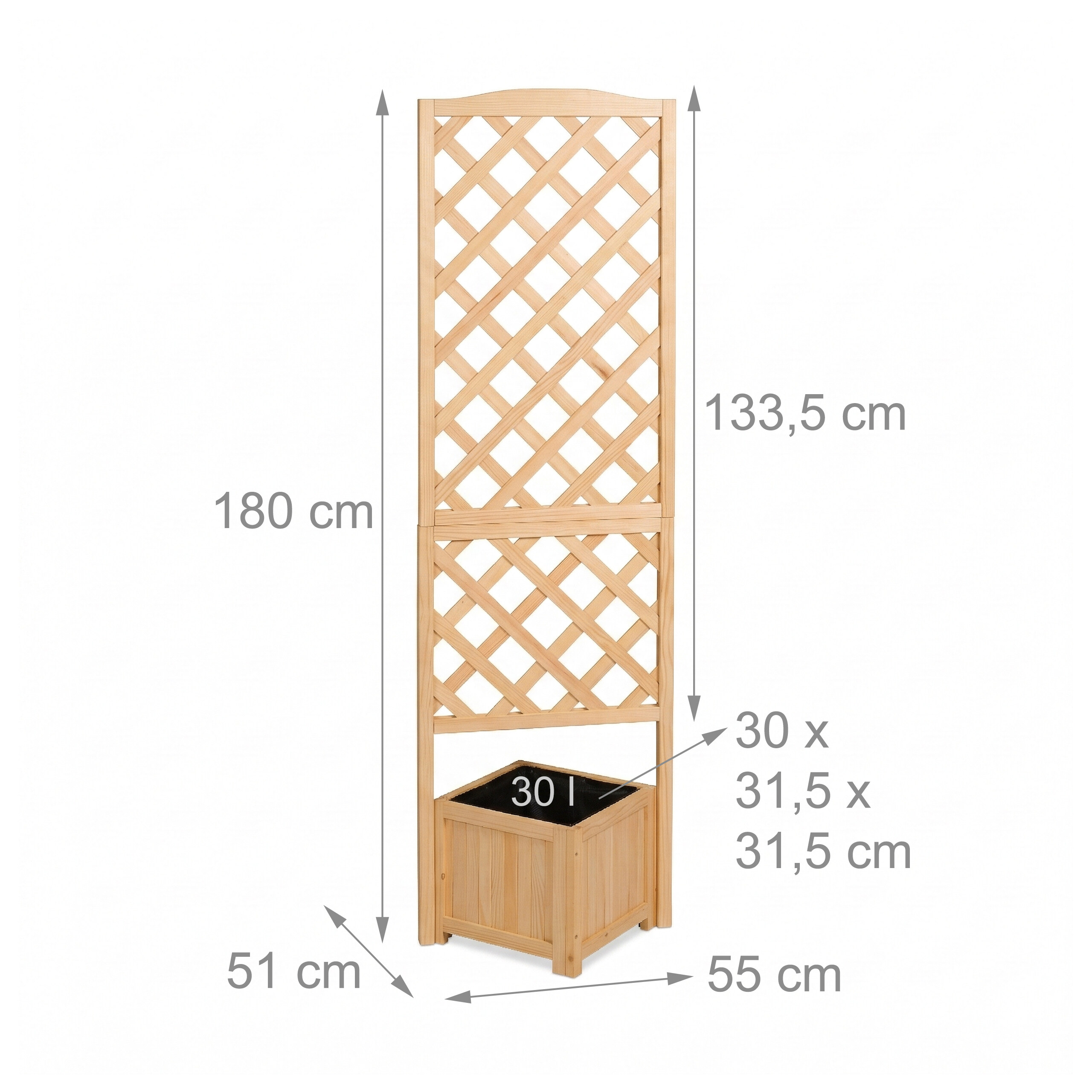 Holz-Rankgitter mit Pflanzkasten und Maßen in cm.