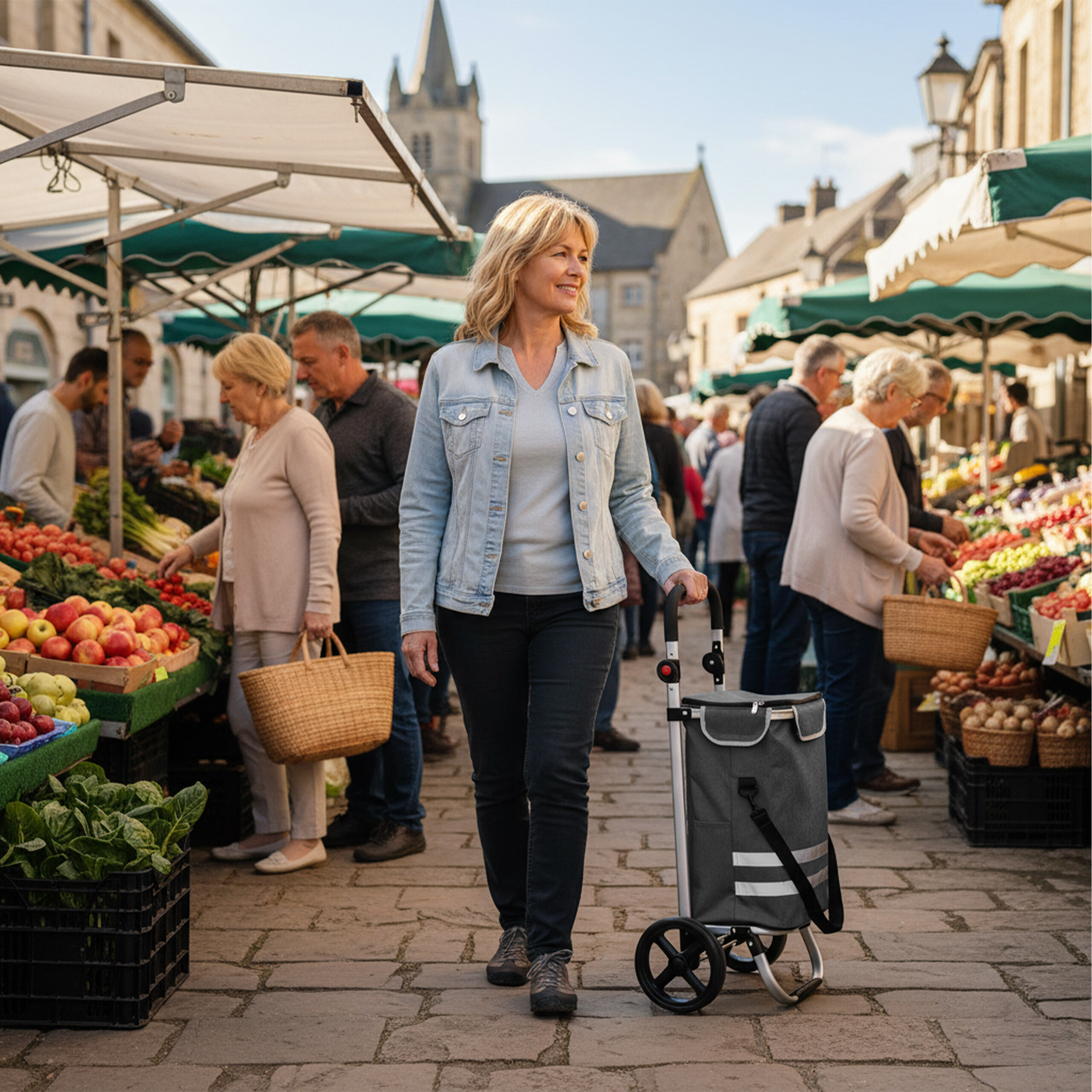 Blonde Frau zieht einen Einkaufstrolley über einen belebten Markt mit Ständen voller Gemüse.