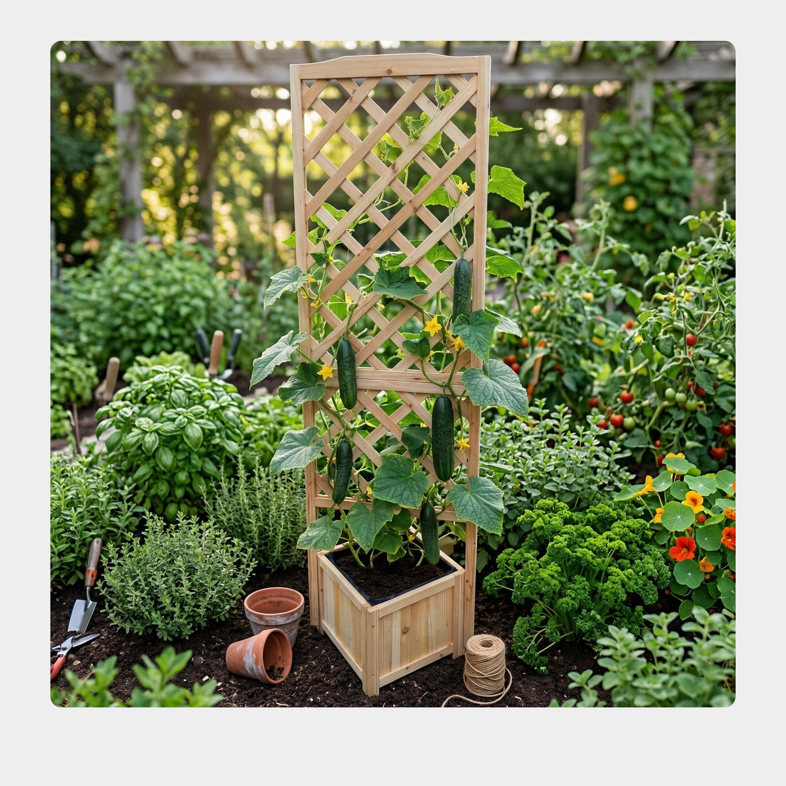 Holzrankgitter in Garten mit wachsenden Gurken, Blumen und Töpfen.