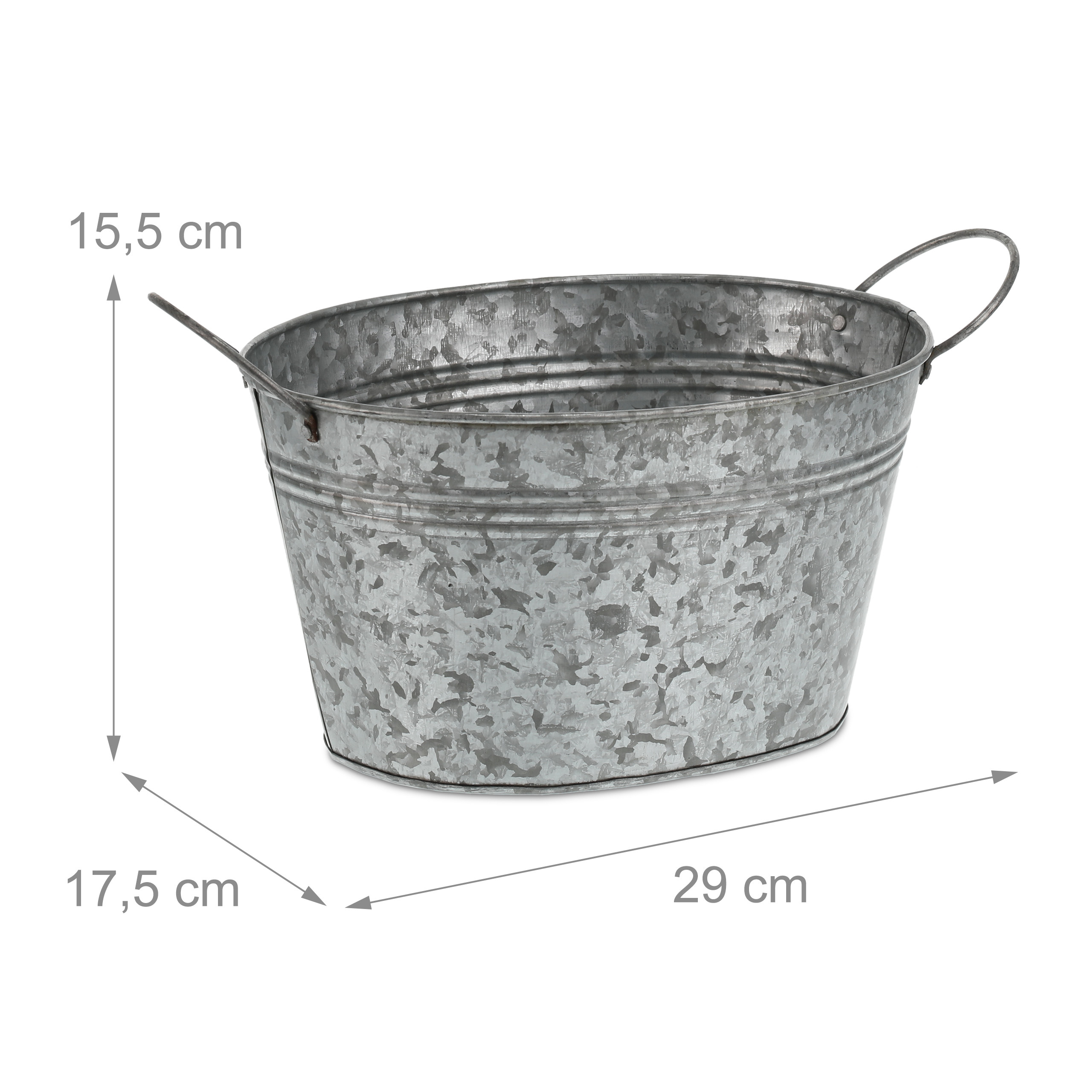Ein verzinkter ovaler Metallkübel mit zwei Griffen und Maßpfeilen für 15,5 cm Höhe, 17,5 cm Breite und 29 cm Länge.