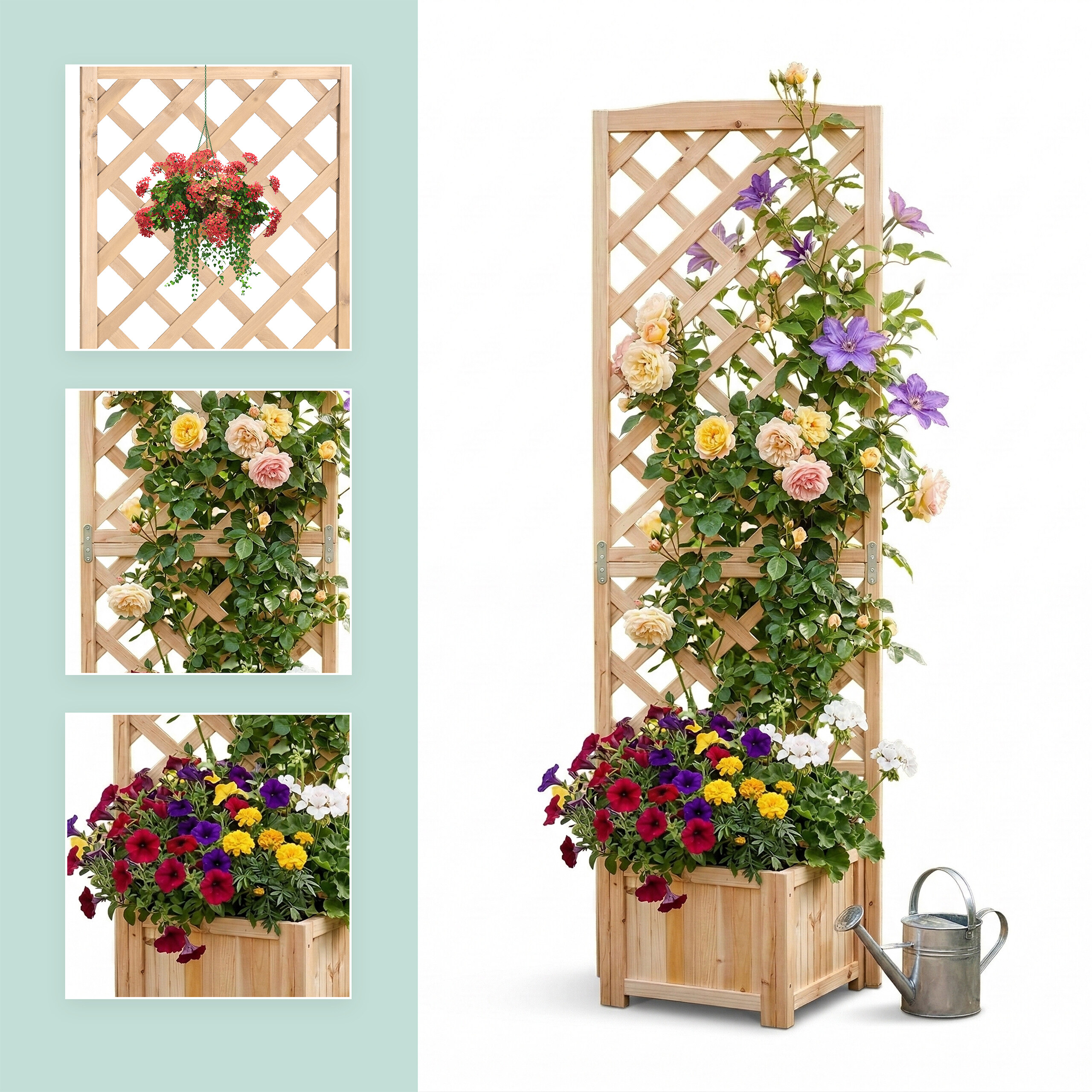 Ein hölzernes Gartenspalier mit bunten Blumen, Kletterrosen, lila Blüten und einer Gießkanne daneben.