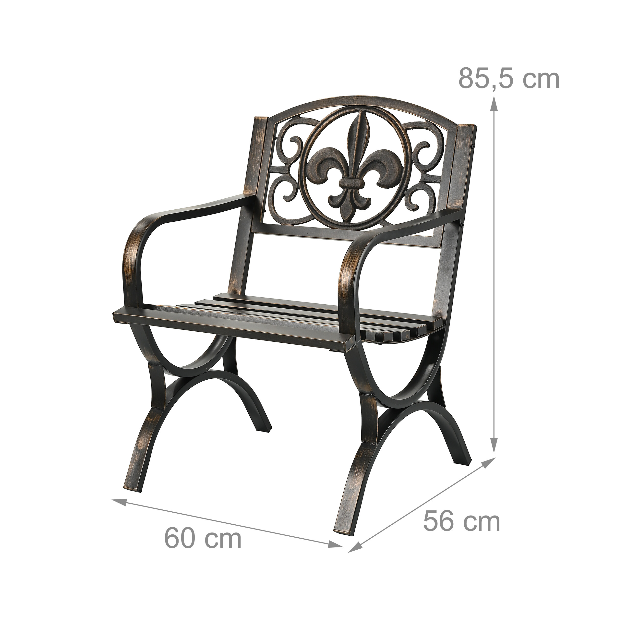 Antiker Metallgartenstuhl in Schwarz und Bronze mit Maßen von 60x56x85,5 cm und Fleur-de-Lis-Rückenlehne.