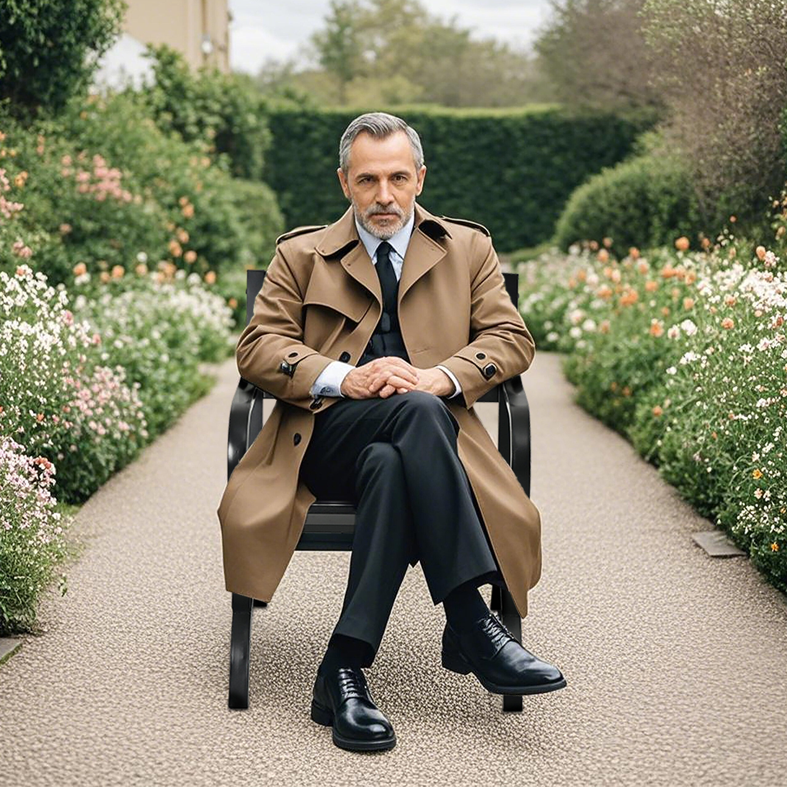 Ein eleganter älterer Mann im Trenchcoat sitzt auf einem Stuhl im Garten.