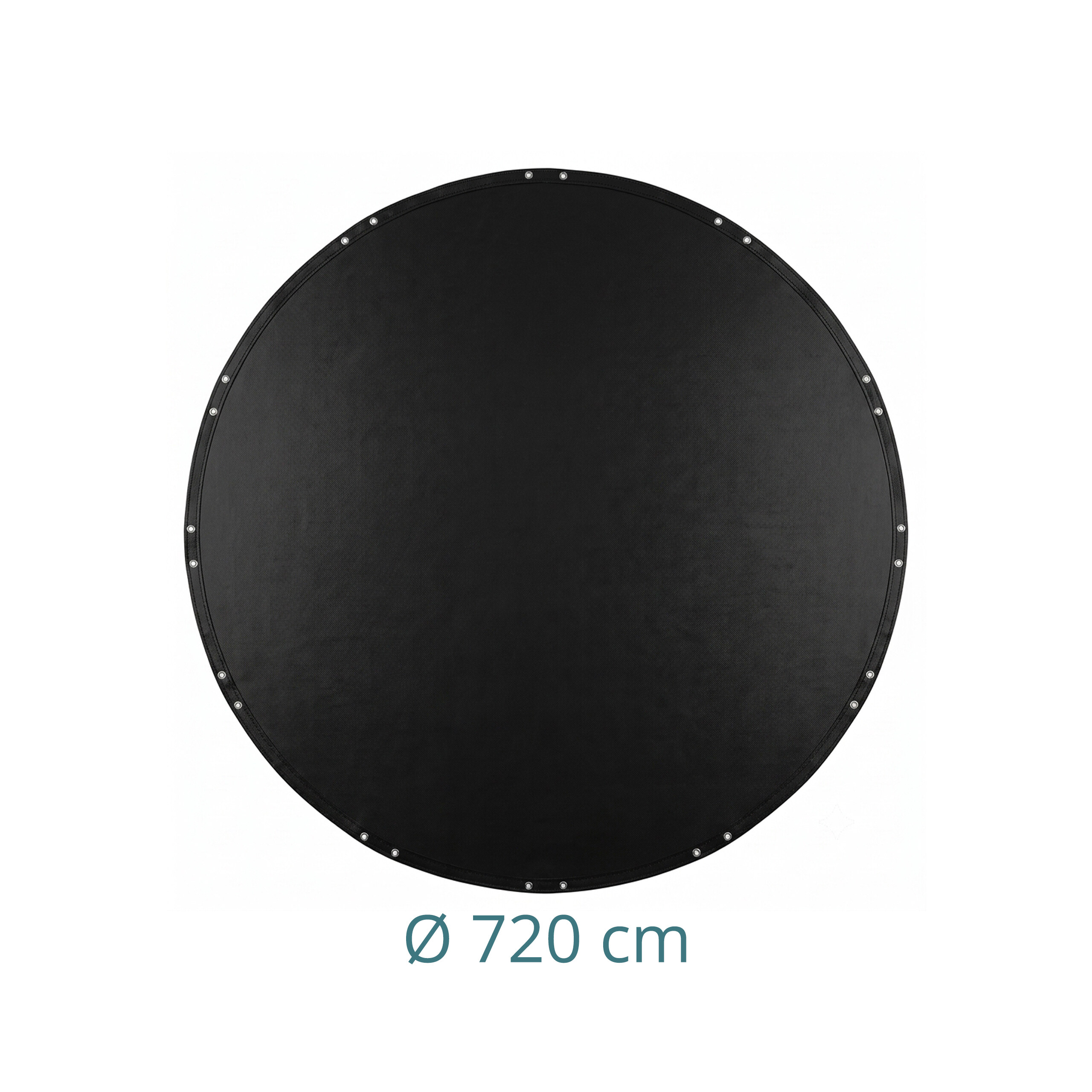 Ein großes, schwarzes rundes Tuch mit Ösen am Rand und der Aufschrift 720 cm.