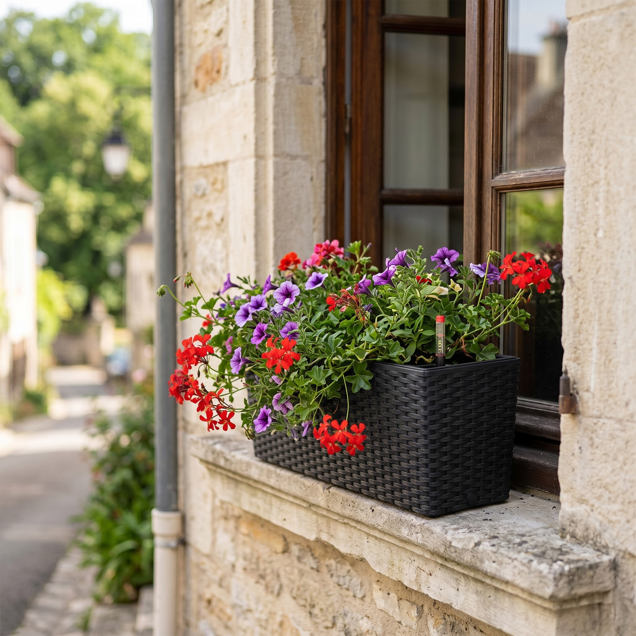 Ein schwarzer Blumenkasten mit roten und lila Blumen auf einer Fensterbank an einer Steinwand.