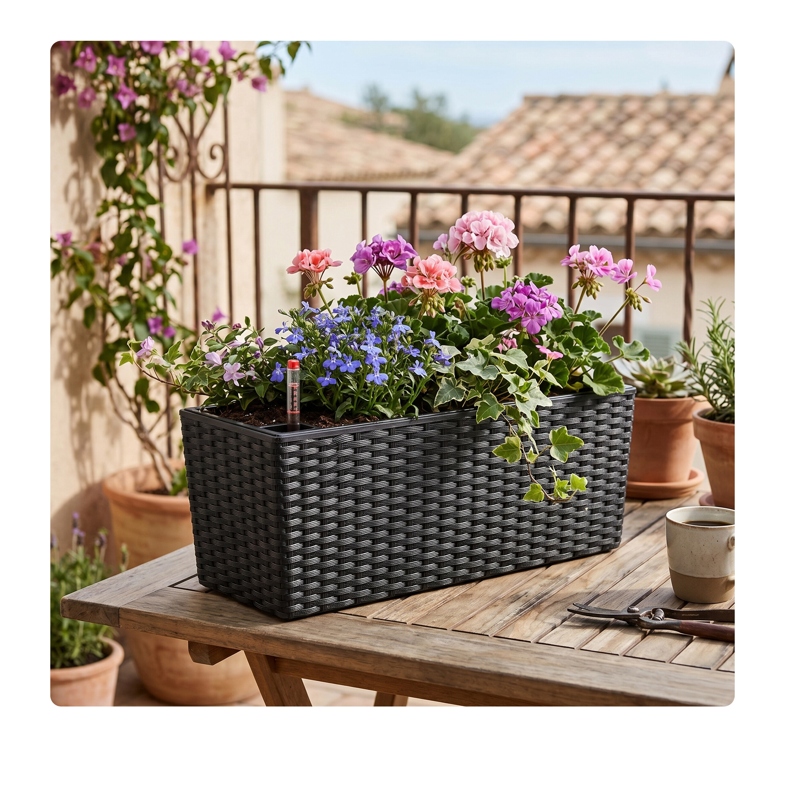 Ein schwarzer geflochtener Blumenkasten voller rosa, lila und blauer Blüten steht auf einem Holztisch auf einem Balkon.
