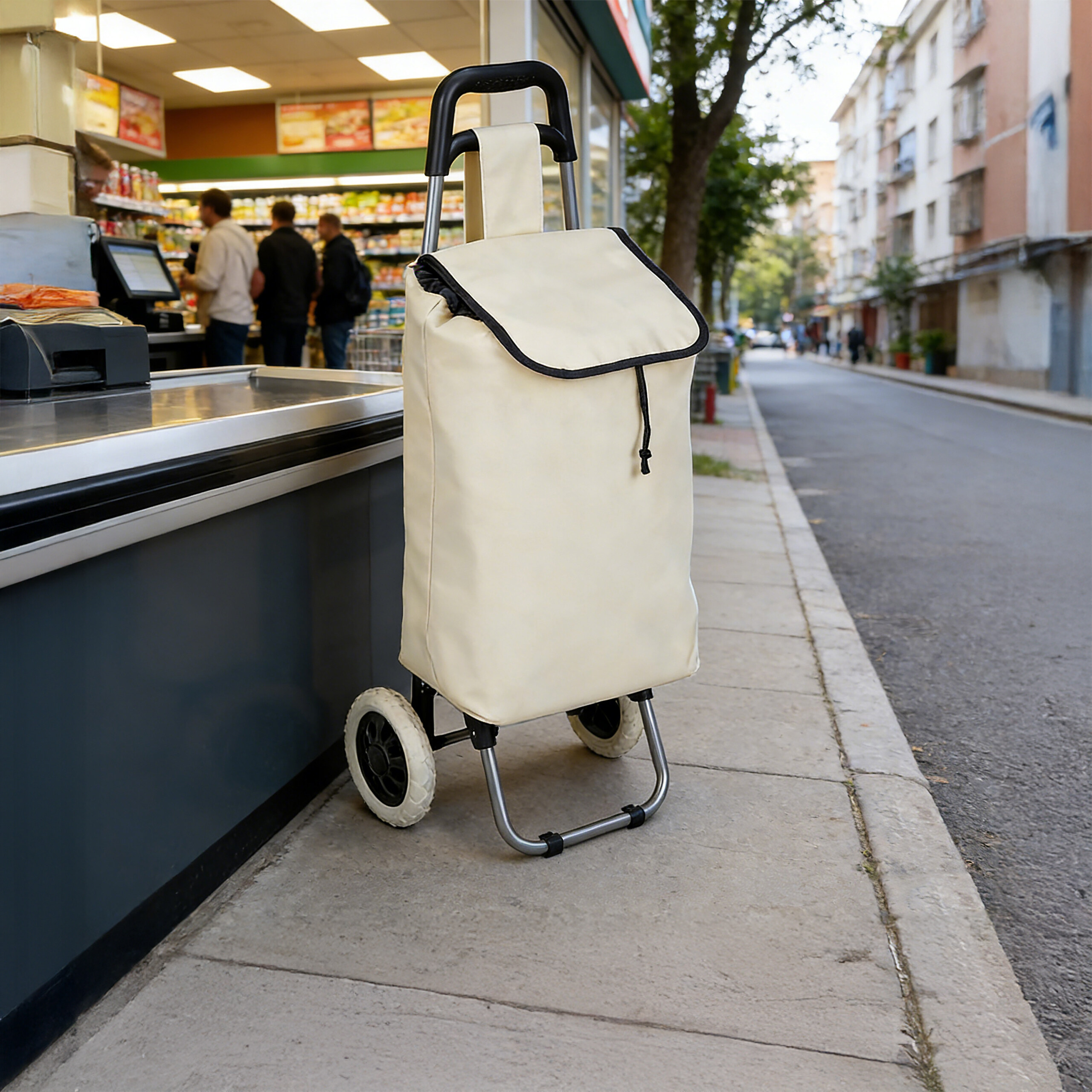Beiger Einkaufstrolley auf einem Gehweg vor einem Geschäft und einer Straße.