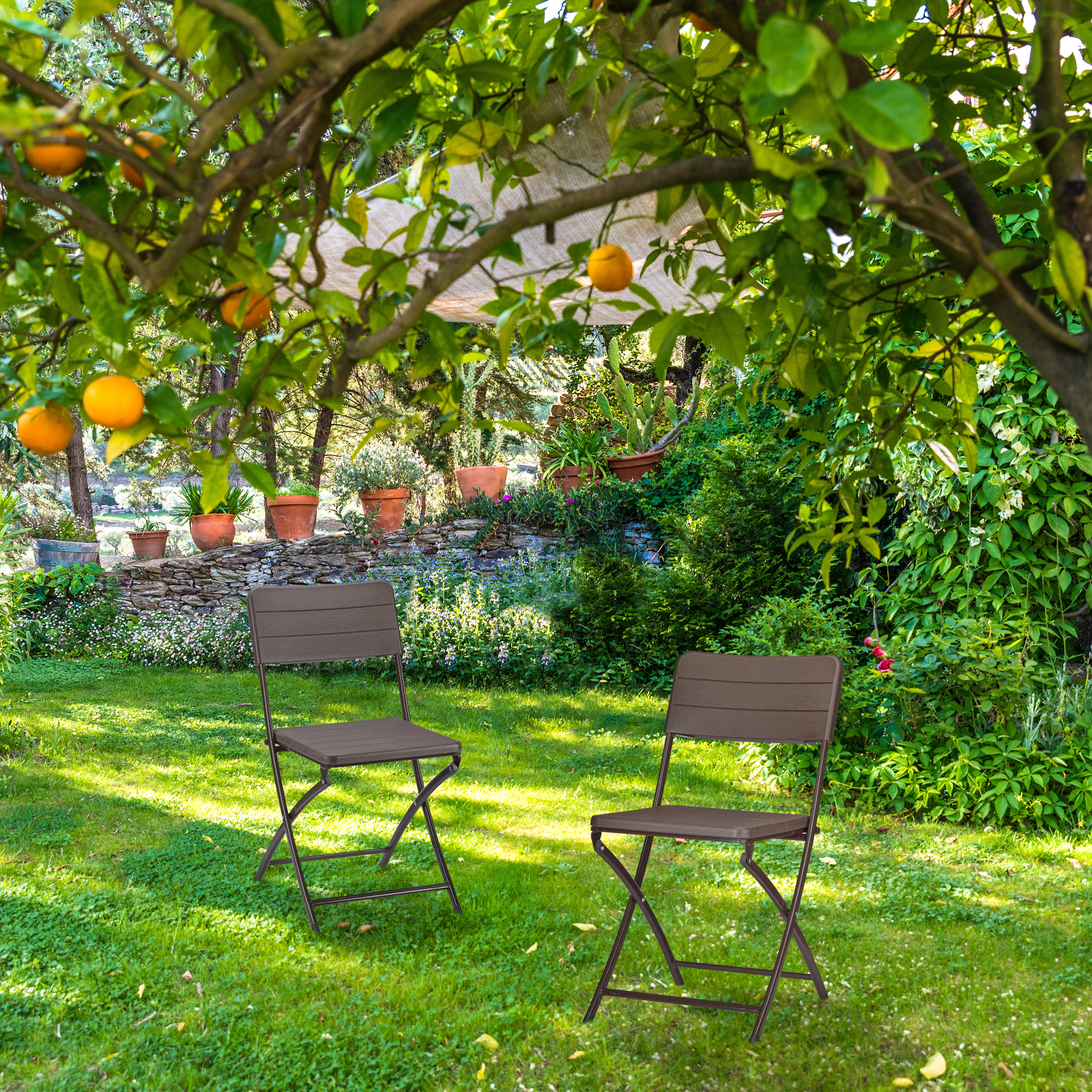 Zwei braune Klappstühle stehen auf einer sonnigen Wiese unter einem Orangenbaum in einem Garten.