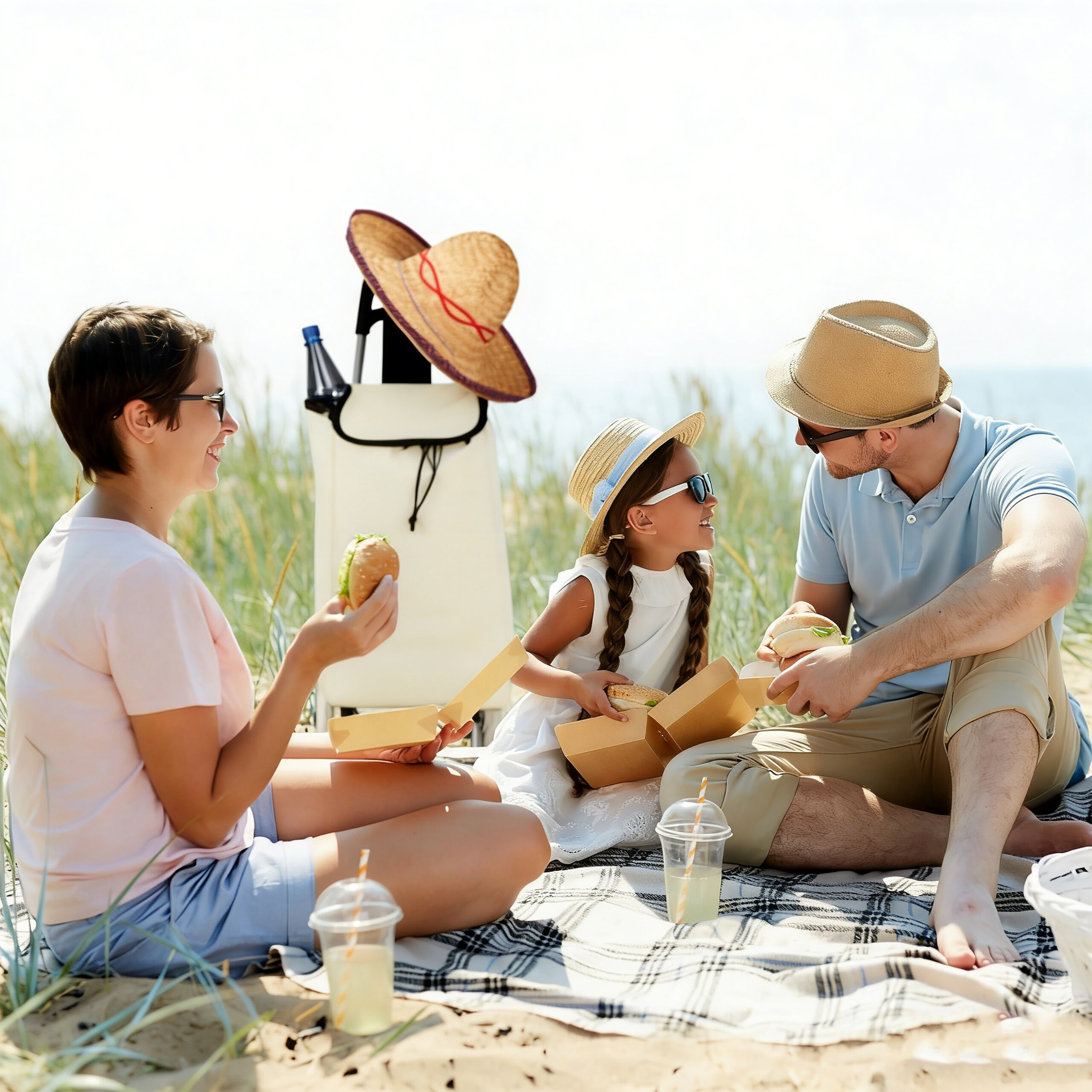 Eine Familie mit einem Kind genießt ein Picknick mit Burgern und Getränken auf einer Decke im Sand am Strand.