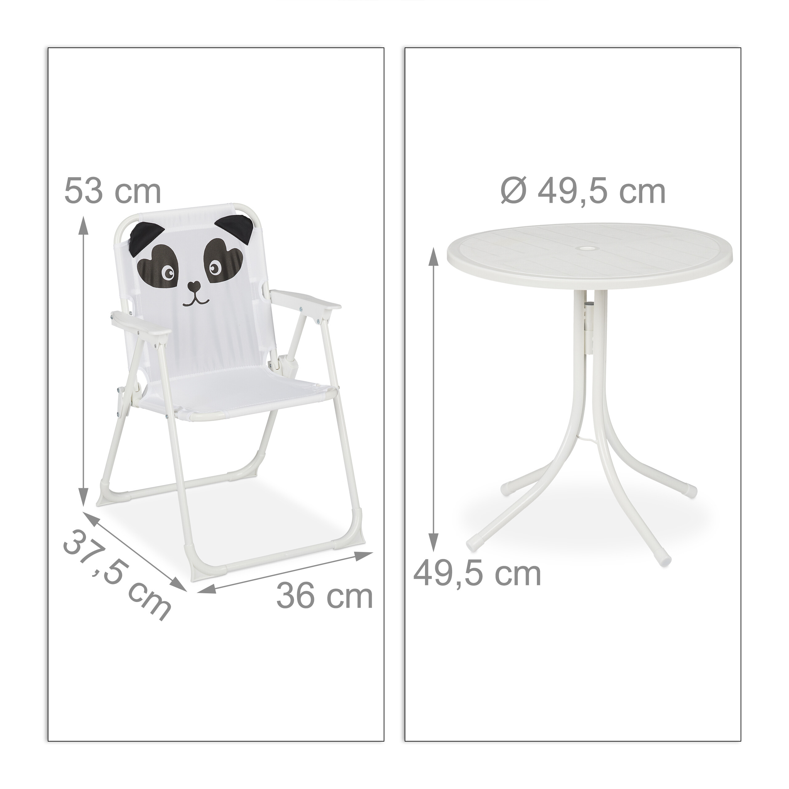 Kinder-Campingset mit weißem Panda-Klappstuhl und kleinem runden Tisch mit Maßen.