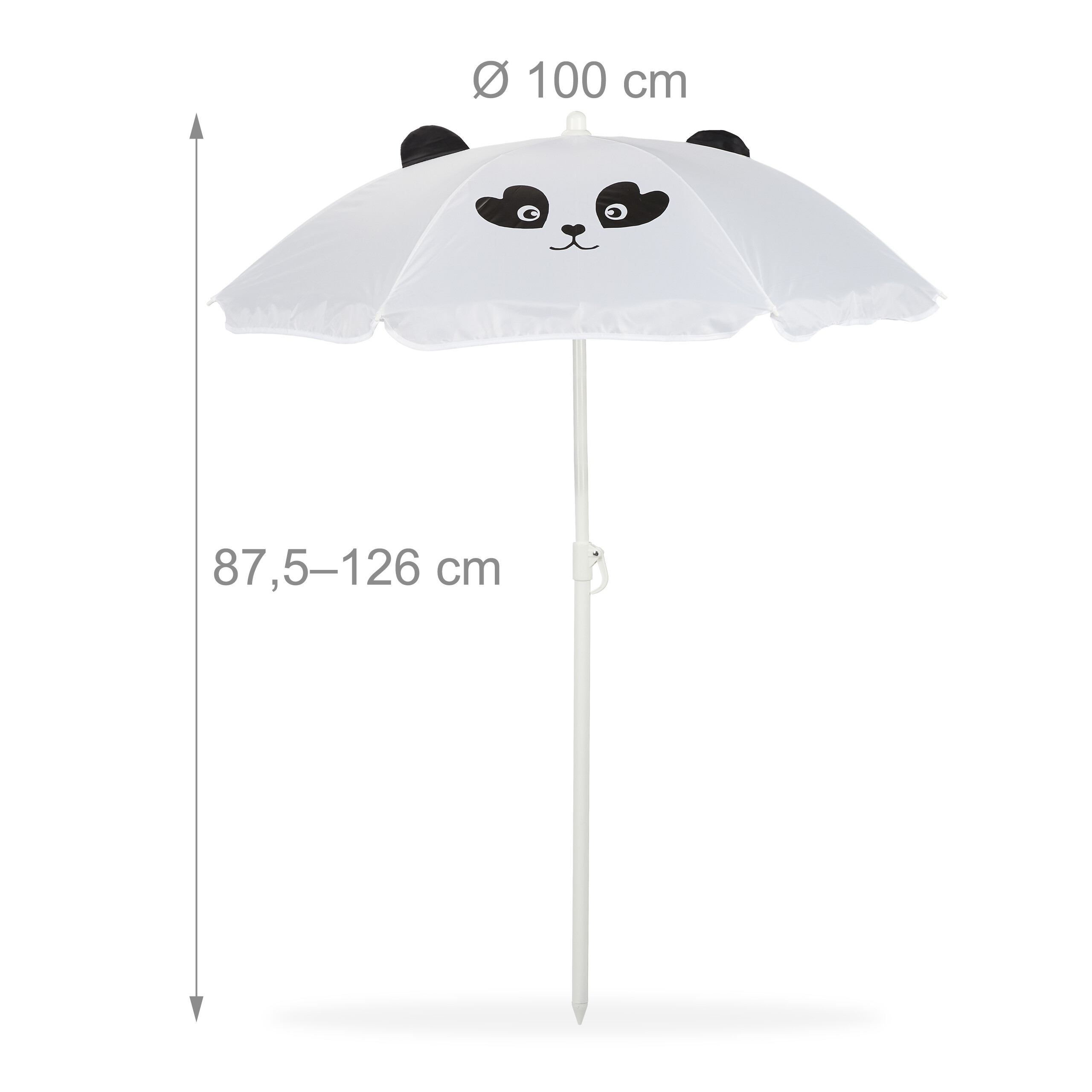 Ein weißer Sonnenschirm mit einem Panda-Gesicht und Maßen von 100 cm Durchmesser und 87,5-126 cm Höhe.
