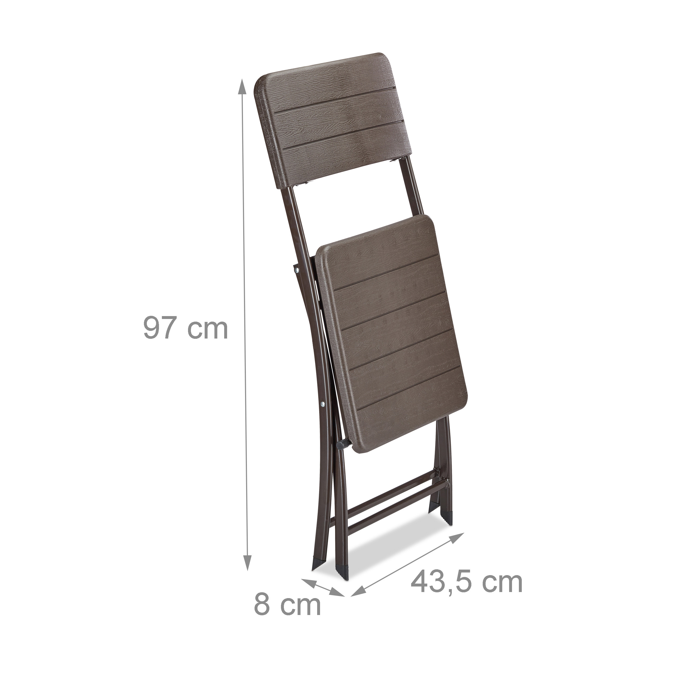Zusammengeklappter brauner Stuhl mit Maßen: 97 cm Höhe, 43,5 cm Breite, 8 cm Tiefe.