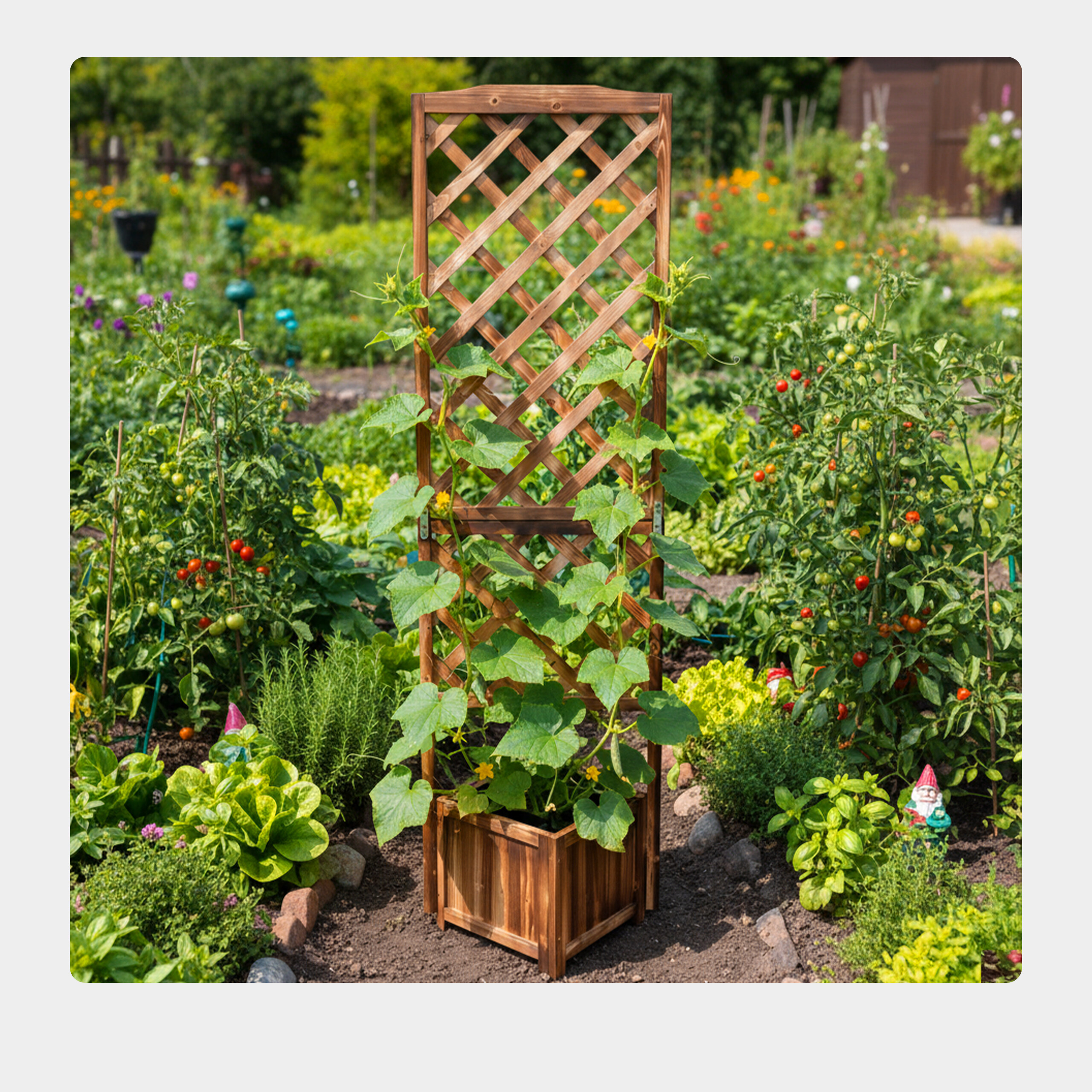 Holzrankgitter mit Pflanzen in einem Garten, umgeben von Tomatenpflanzen und Grün.