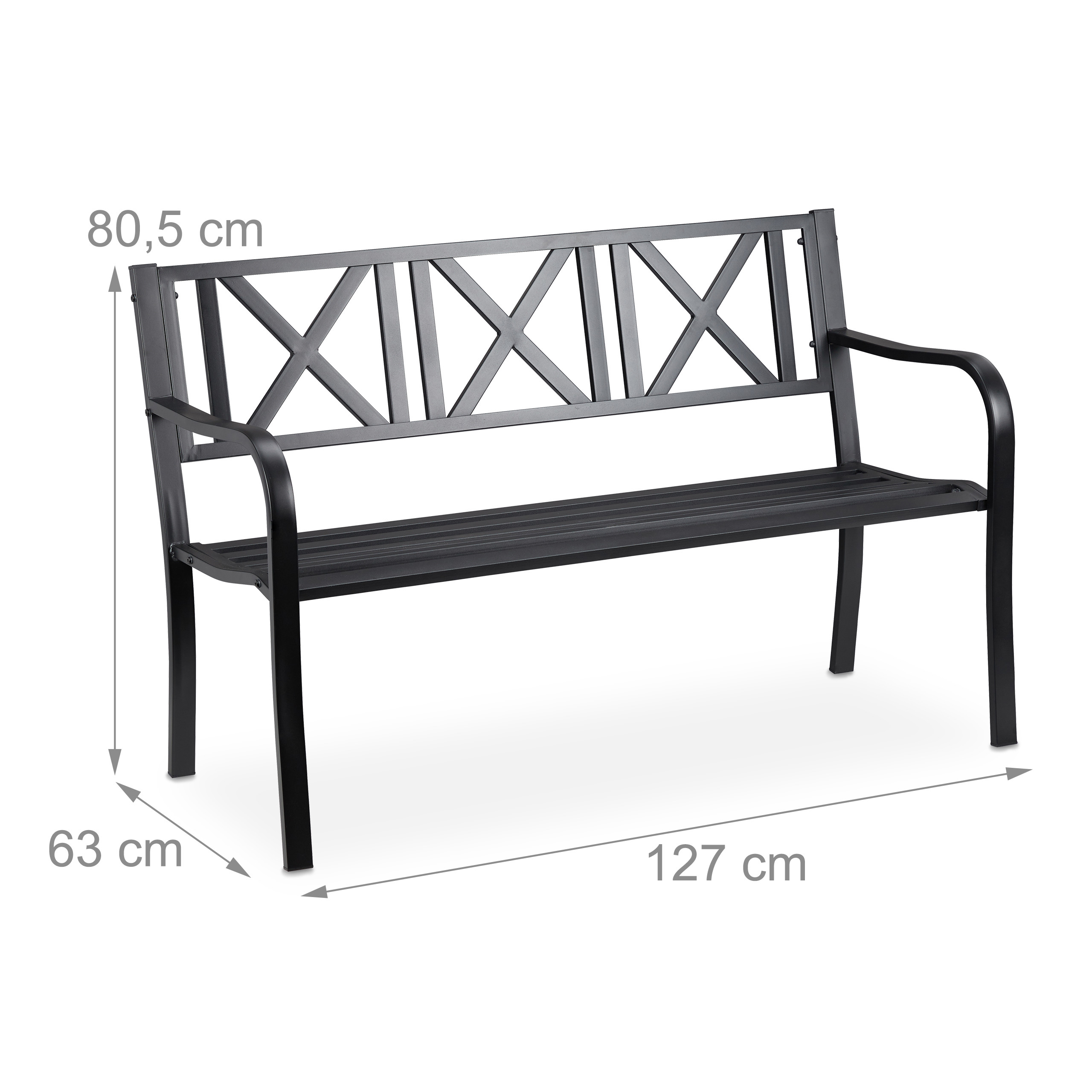 Schwarze Metallgartenbank mit Maßen: 127 cm breit, 63 cm tief, 80,5 cm hoch.