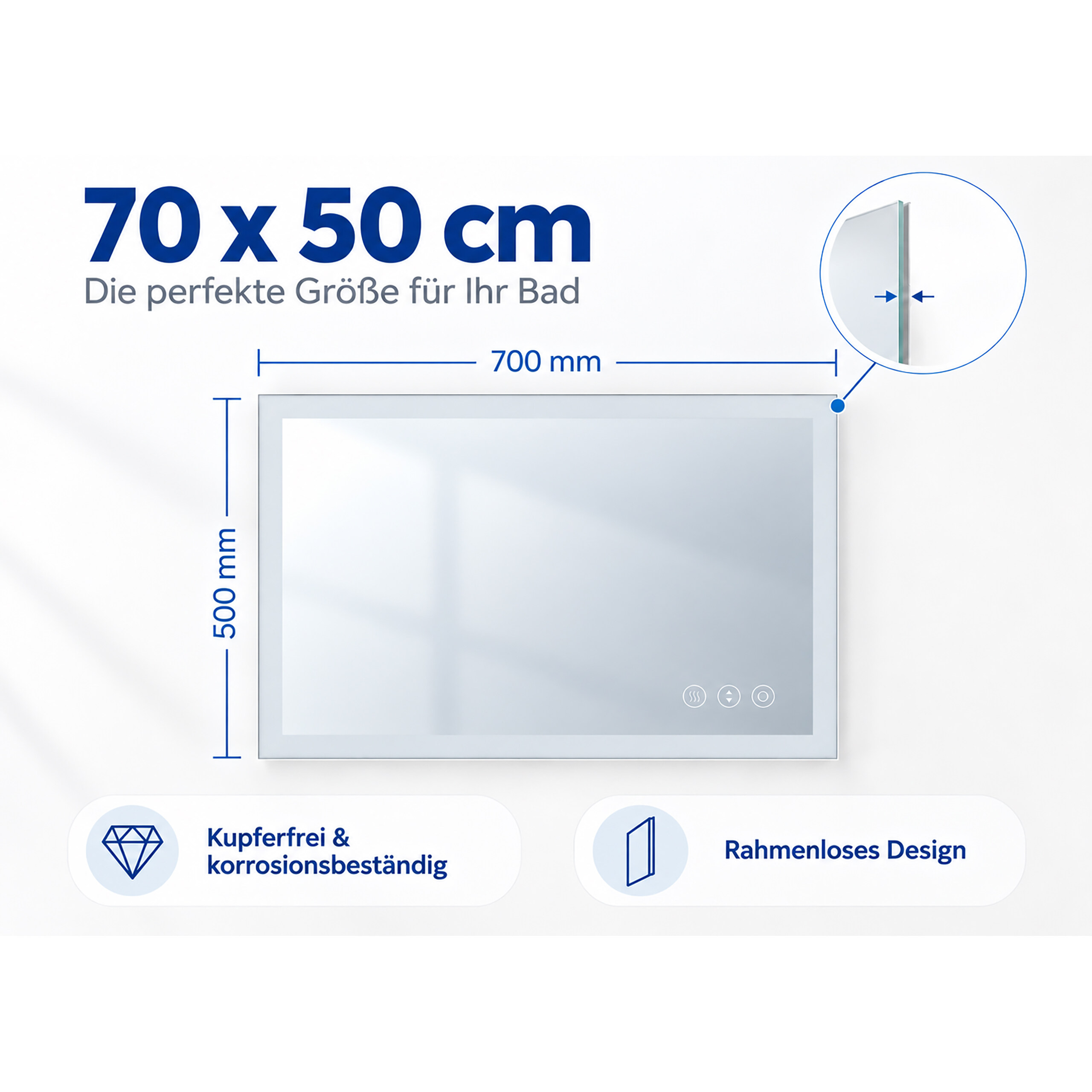 Technische Zeichnung eines 70x50 cm großen, kupferfreien, rahmenlosen Badezimmerspiegels.